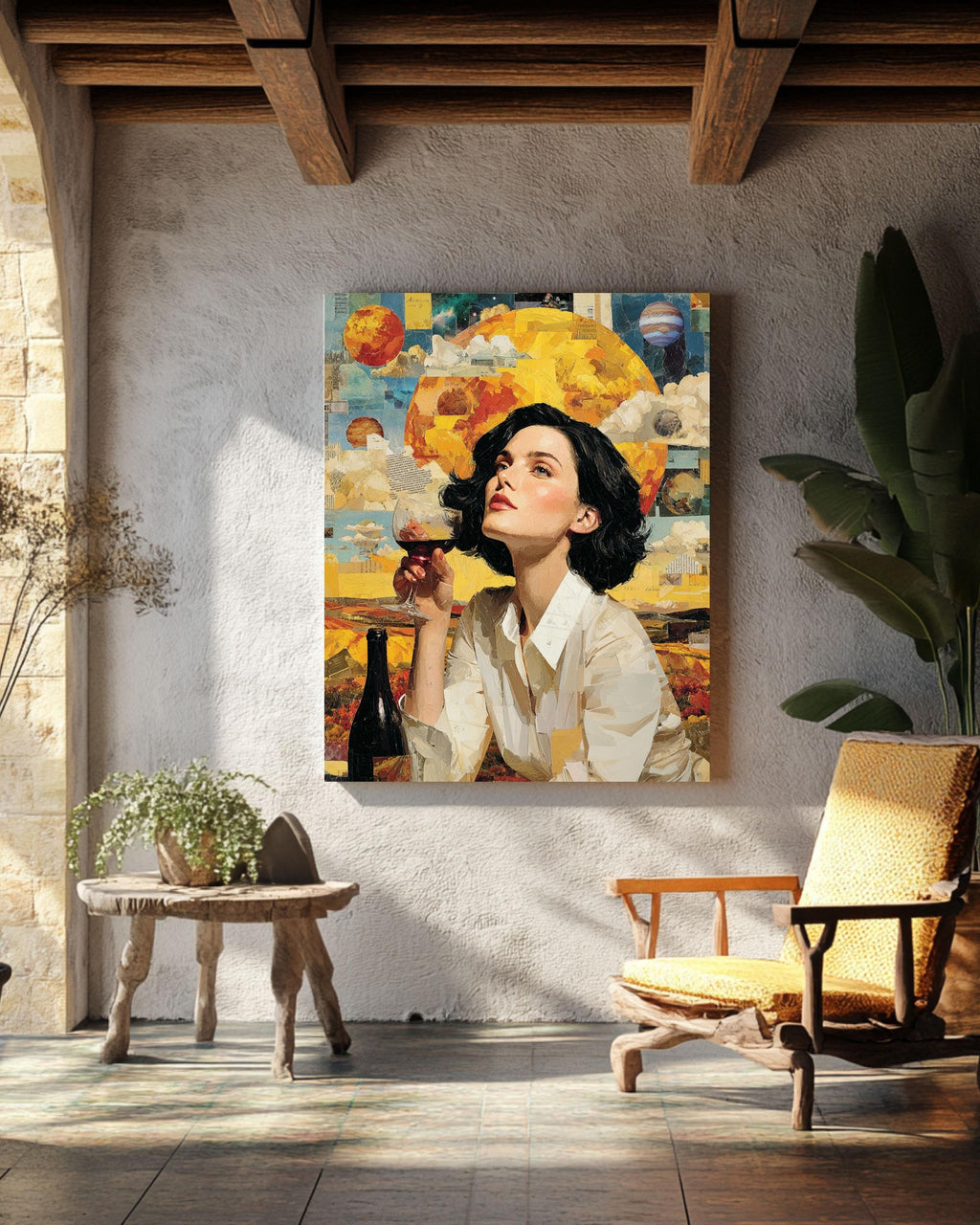 Surreal Woman Drinking Wine Canvas, Cosmic Planets Art, Modern Wall Decor