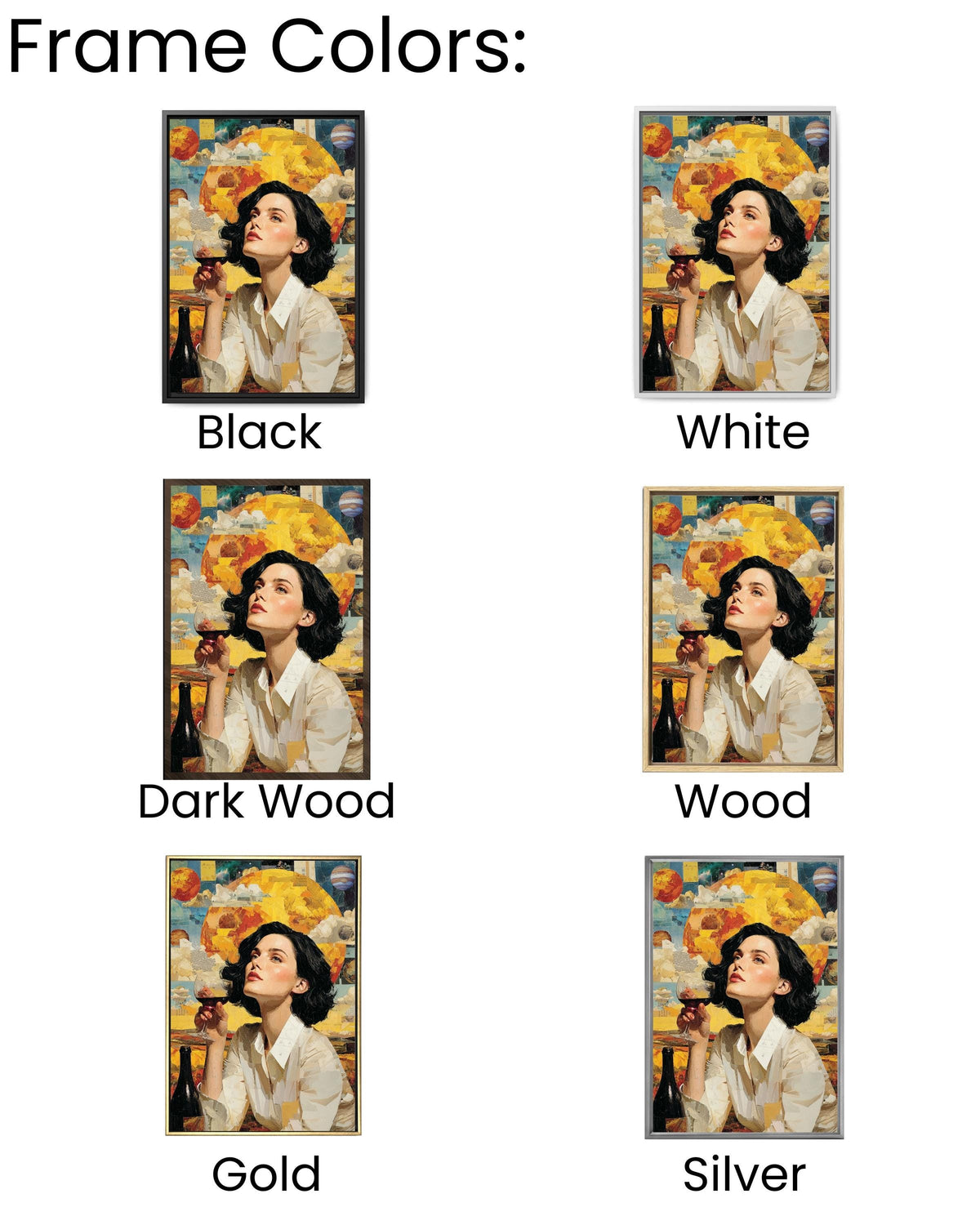 Surreal Woman Drinking Wine Canvas, Cosmic Planets Art, Modern Wall Decor