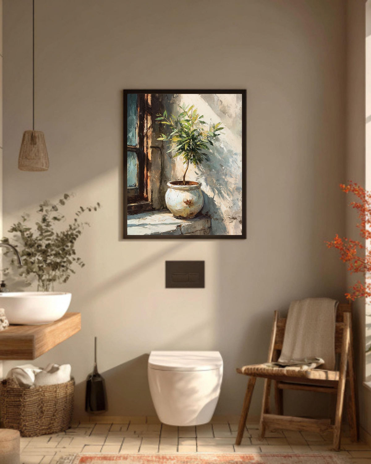 Olive Tree Canvas Print, Rustic Pot, Mediterranean Window Artwork