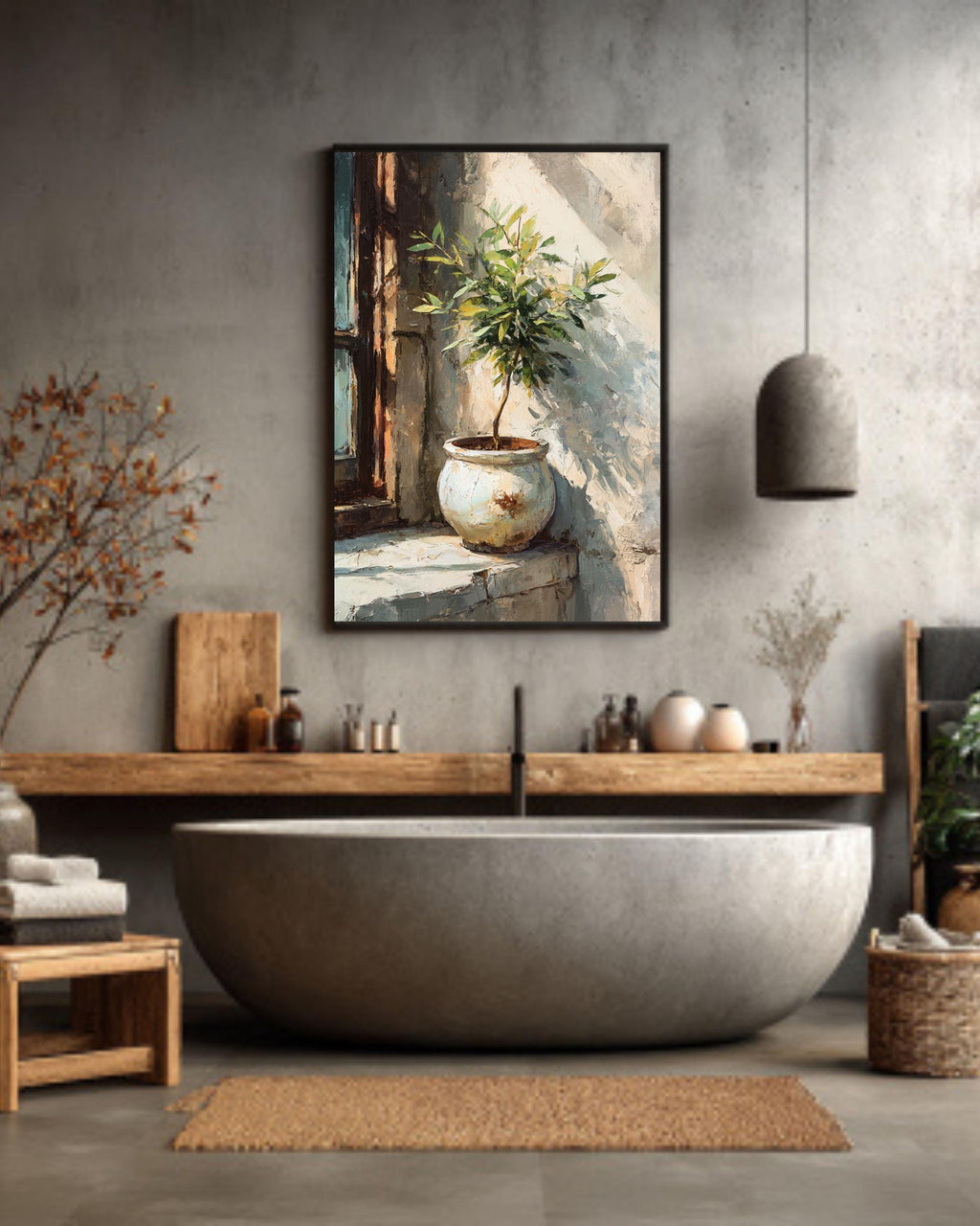 Olive Tree Canvas Print, Rustic Pot, Mediterranean Window Artwork