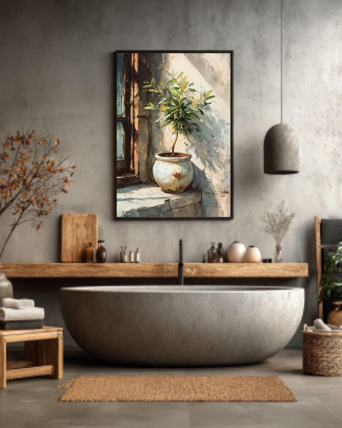 Olive Tree Canvas Print, Rustic Pot, Mediterranean Window Artwork