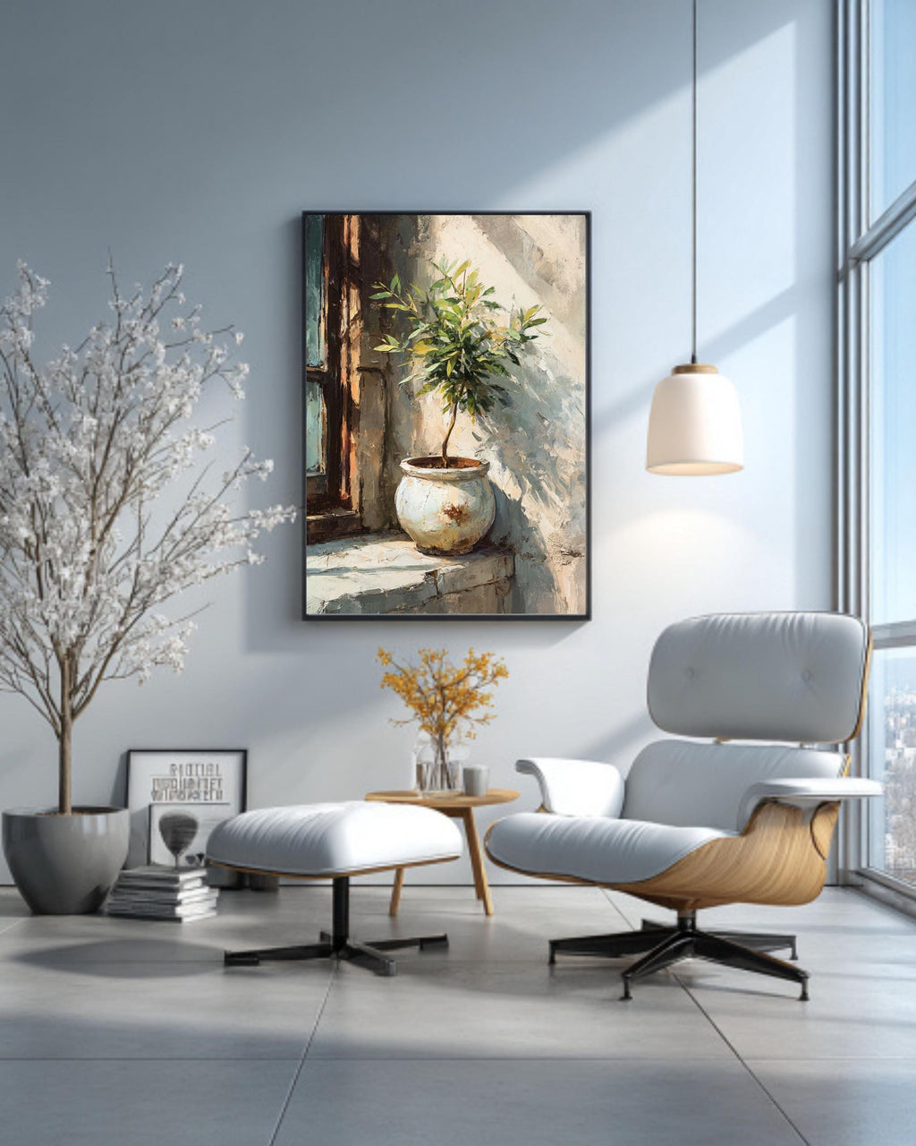 Olive Tree Canvas Print, Rustic Pot, Mediterranean Window Artwork