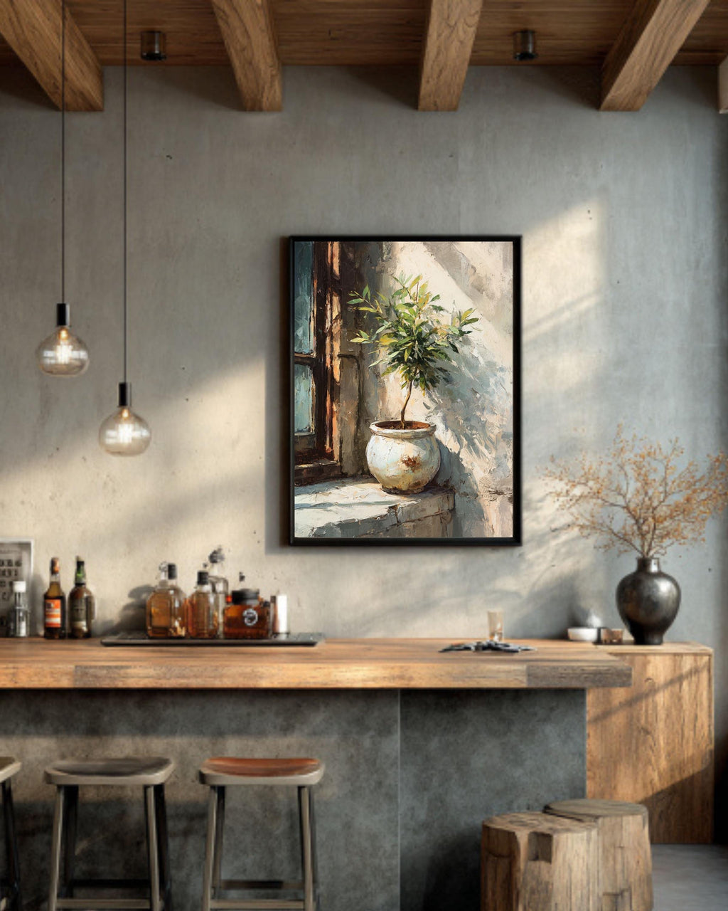 Olive Tree Canvas Print, Rustic Pot, Mediterranean Window Artwork