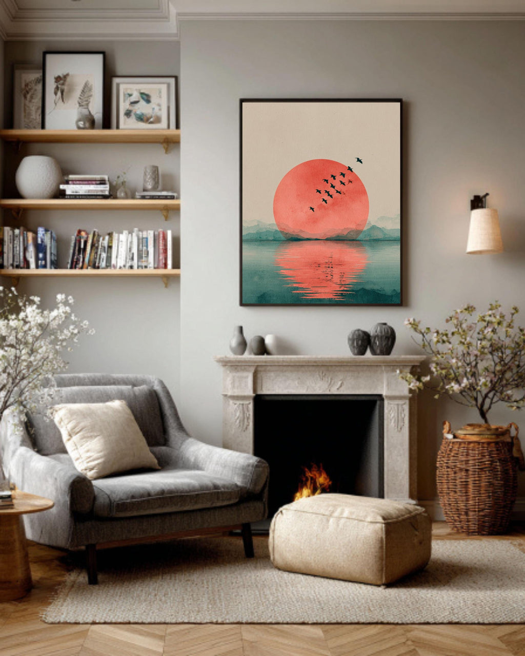 Japandi Red Sun Canvas Wall Art, Minimalist Flying Birds, Zen Decor