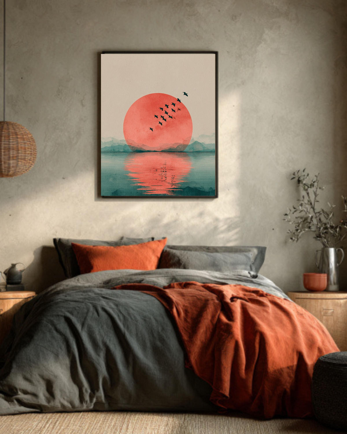 Japandi Red Sun Canvas Wall Art, Minimalist Flying Birds, Zen Decor