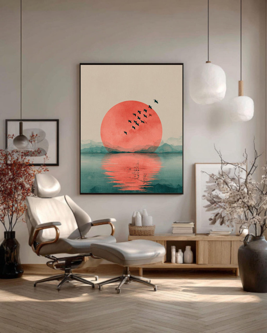 Japandi Red Sun Canvas Wall Art, Minimalist Flying Birds, Zen Decor