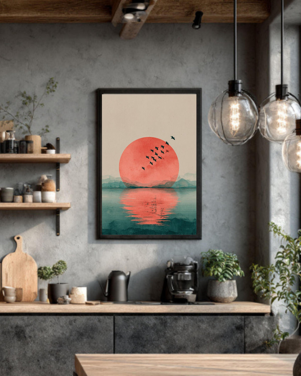 Japandi Red Sun Canvas Wall Art, Minimalist Flying Birds, Zen Decor