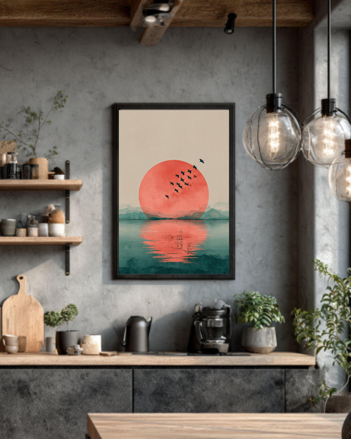 Japandi Red Sun Canvas Wall Art, Minimalist Flying Birds, Zen Decor