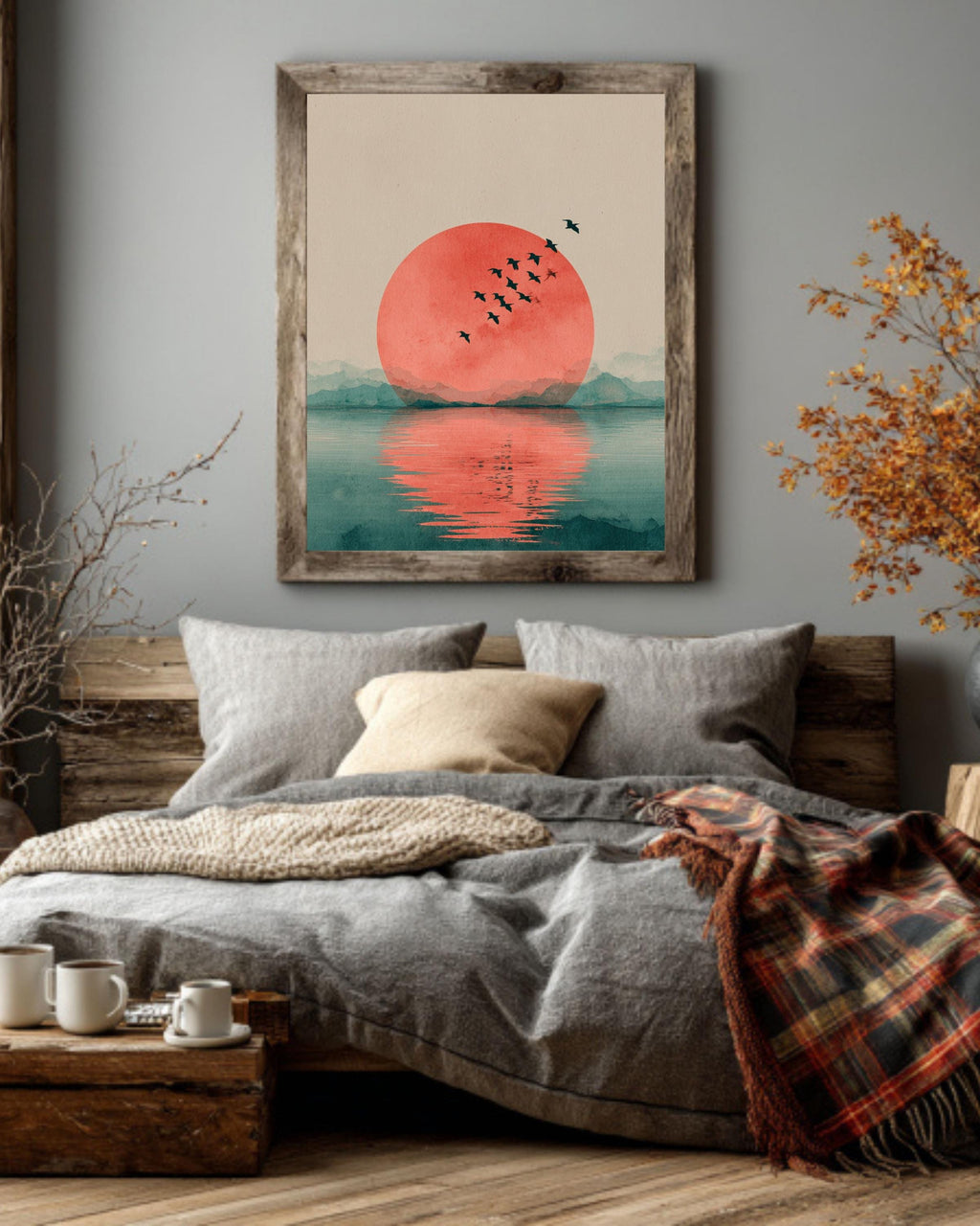Japandi Red Sun Canvas Wall Art, Minimalist Flying Birds, Zen Decor