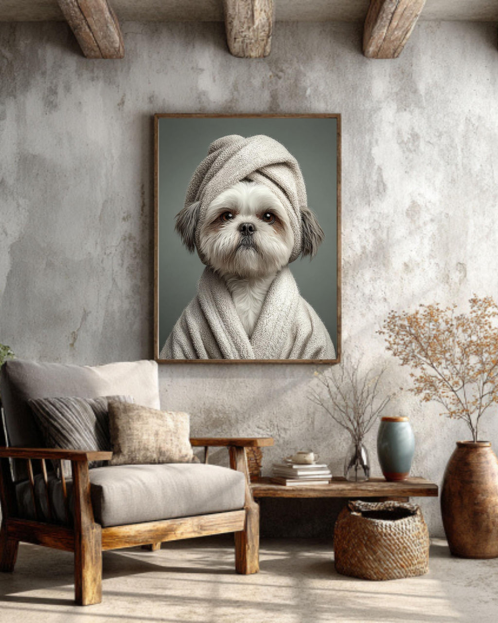 Shih Tzu Dog Canvas Print, Funny Spa Robe Pet Portrait