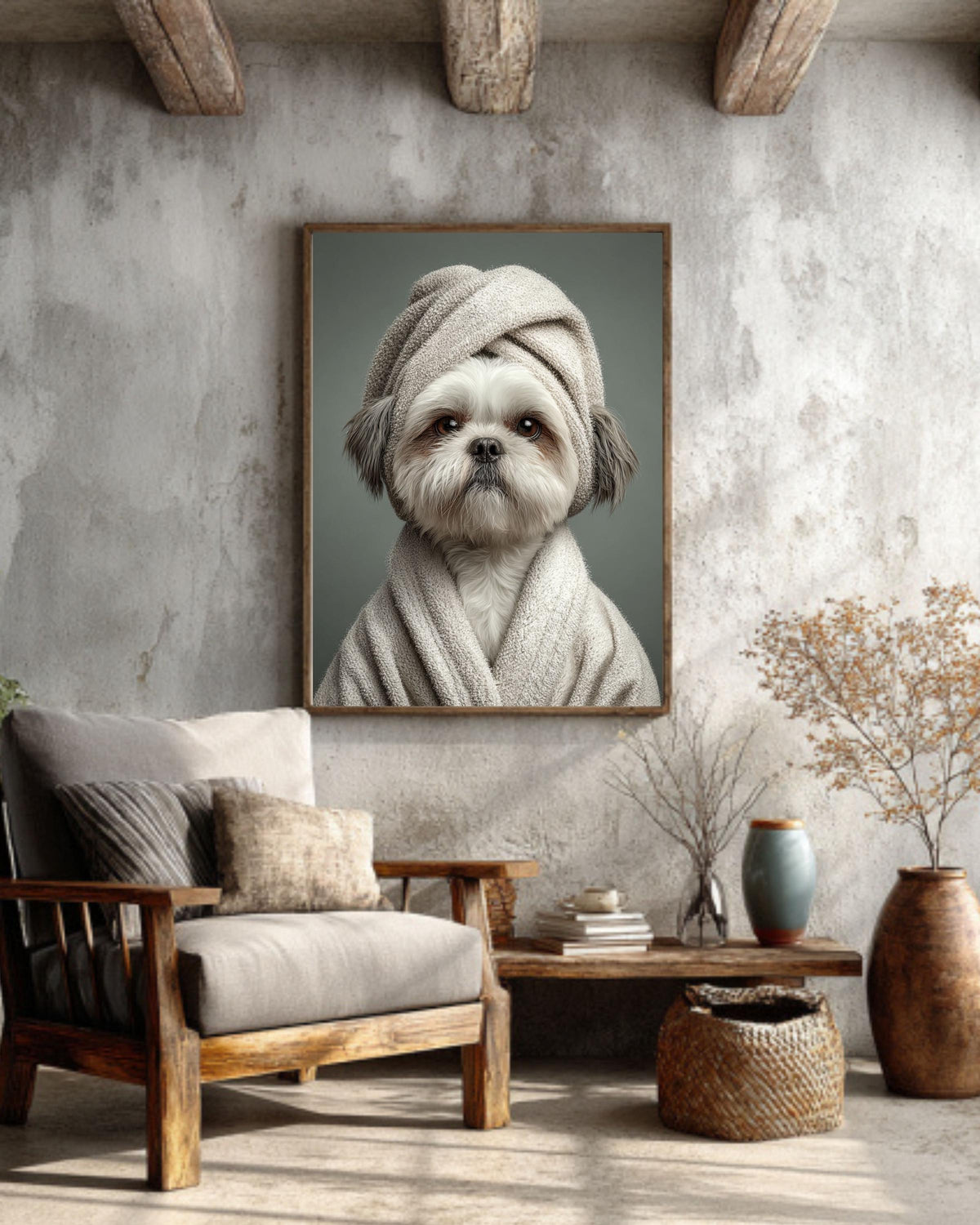 Shih Tzu Dog Canvas Print, Funny Spa Robe Pet Portrait