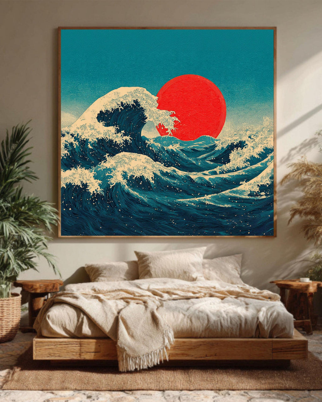Japanese Wave Canvas Print | Ukiyo-e Red Sun Wall Art