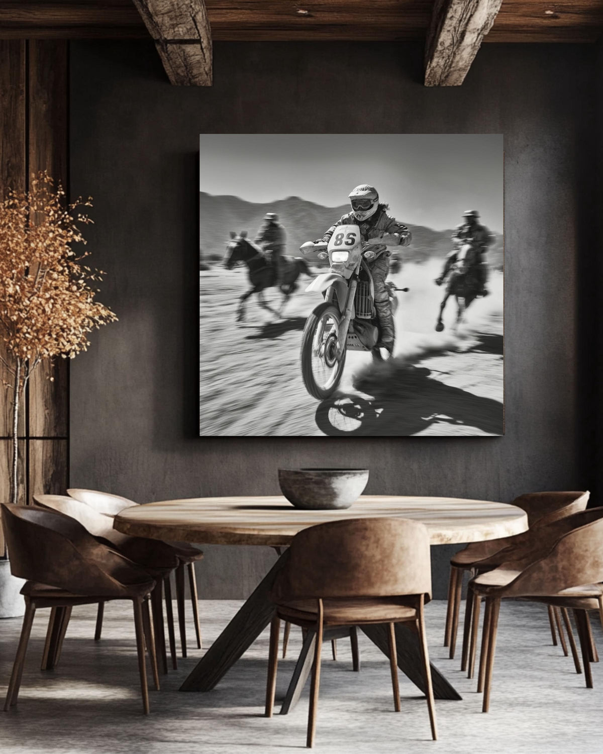 Black and White Motocross Canvas Print | Desert Racing Wall Art