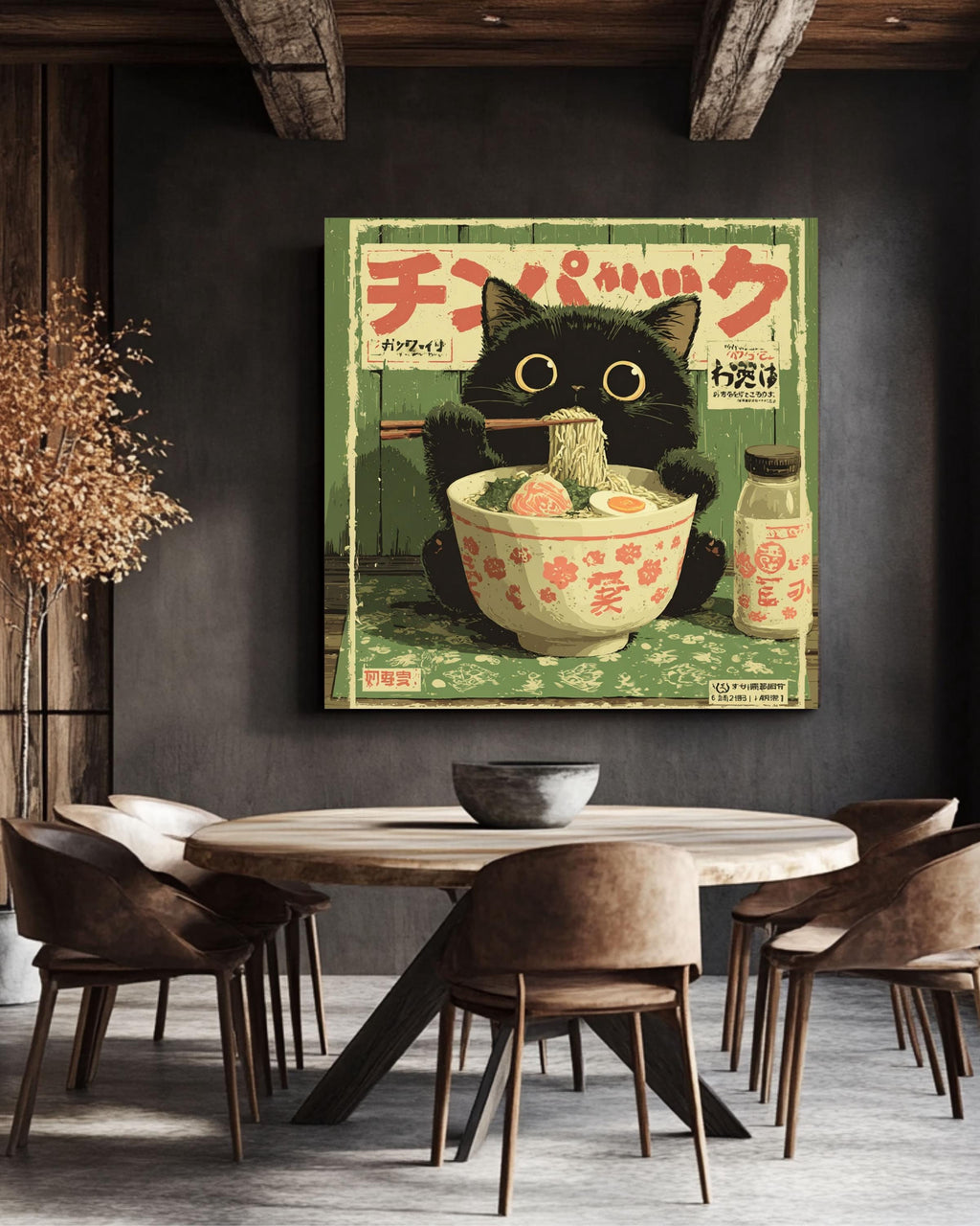Kawaii Black Cat Ramen Canvas Print | Vintage Japanese Kitchen Art