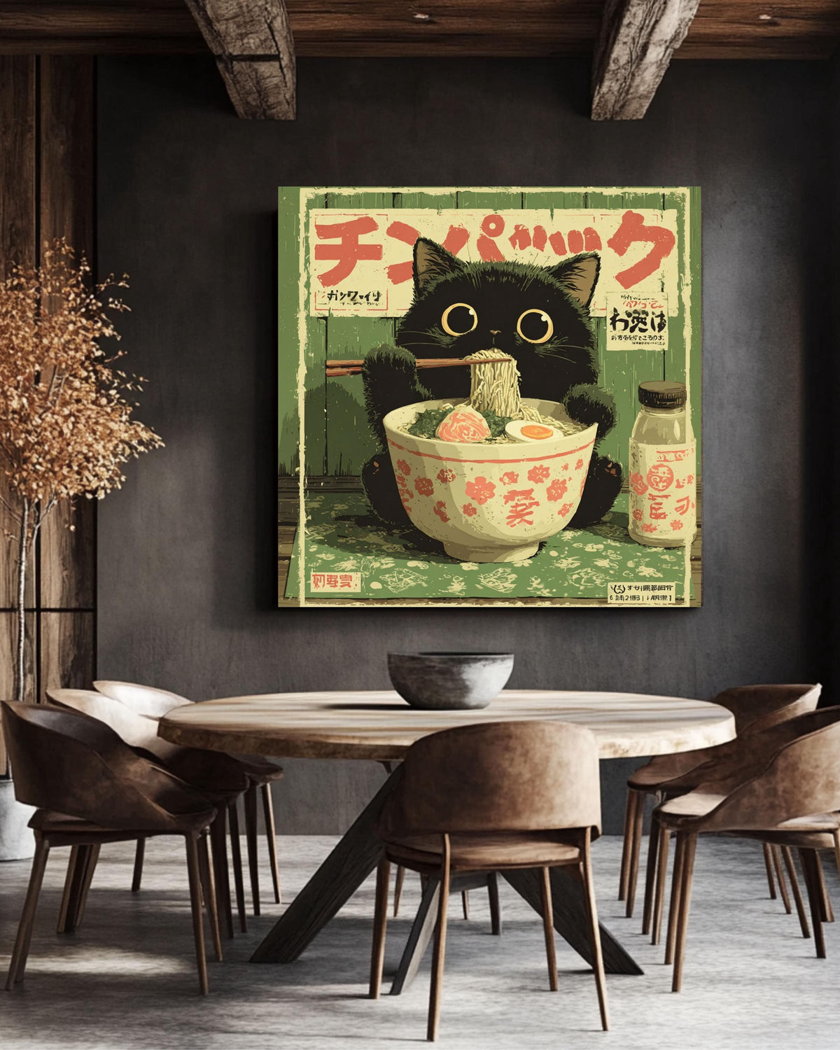 Kawaii Black Cat Ramen Canvas Print | Vintage Japanese Kitchen Art