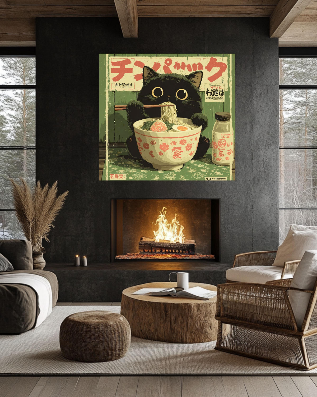 Kawaii Black Cat Ramen Canvas Print | Vintage Japanese Kitchen Art