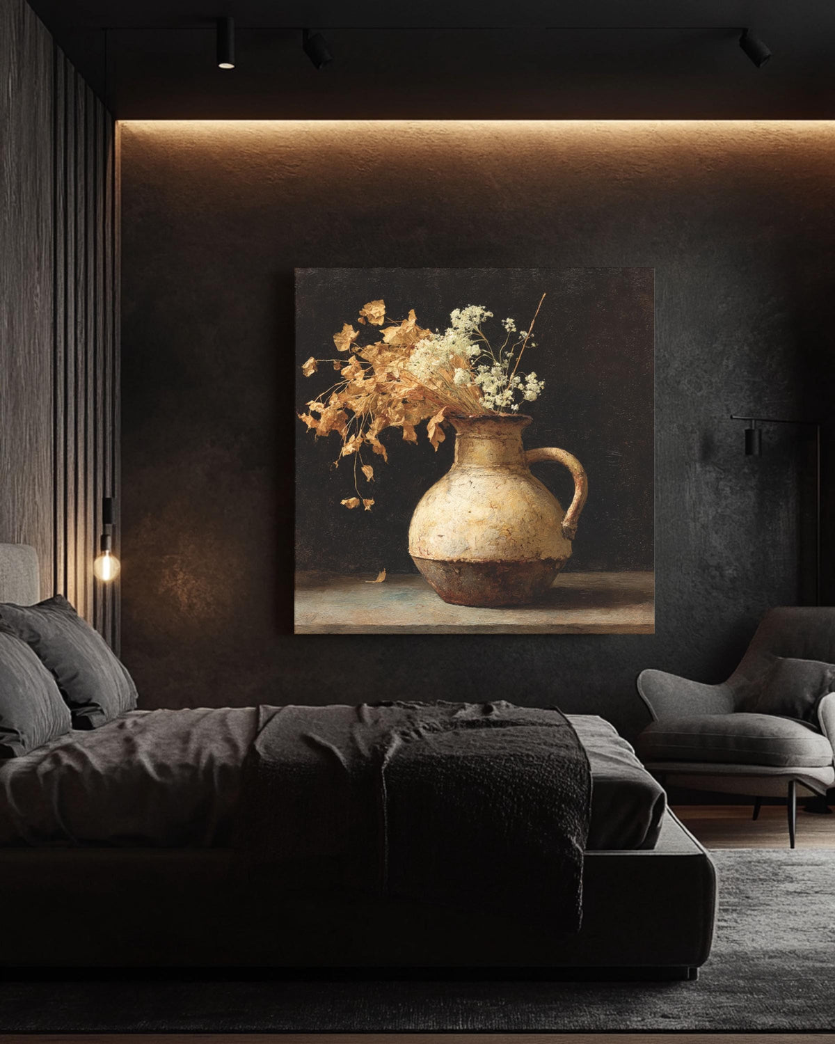 Dark Academia Still Life: Vintage Floral Jug, Framed Canvas Art
