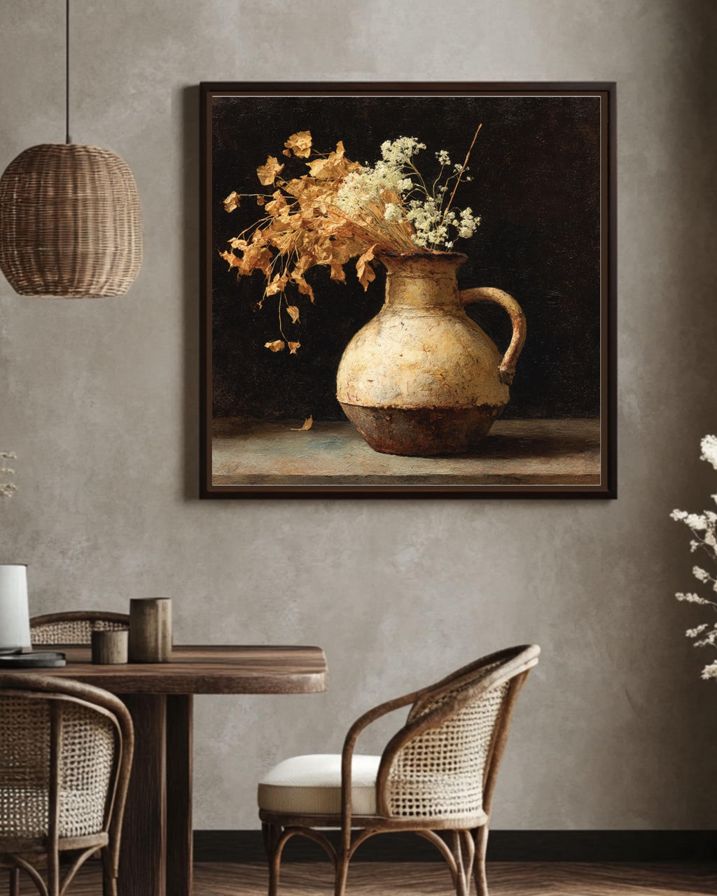 Dark Academia Still Life: Vintage Floral Jug, Framed Canvas Art