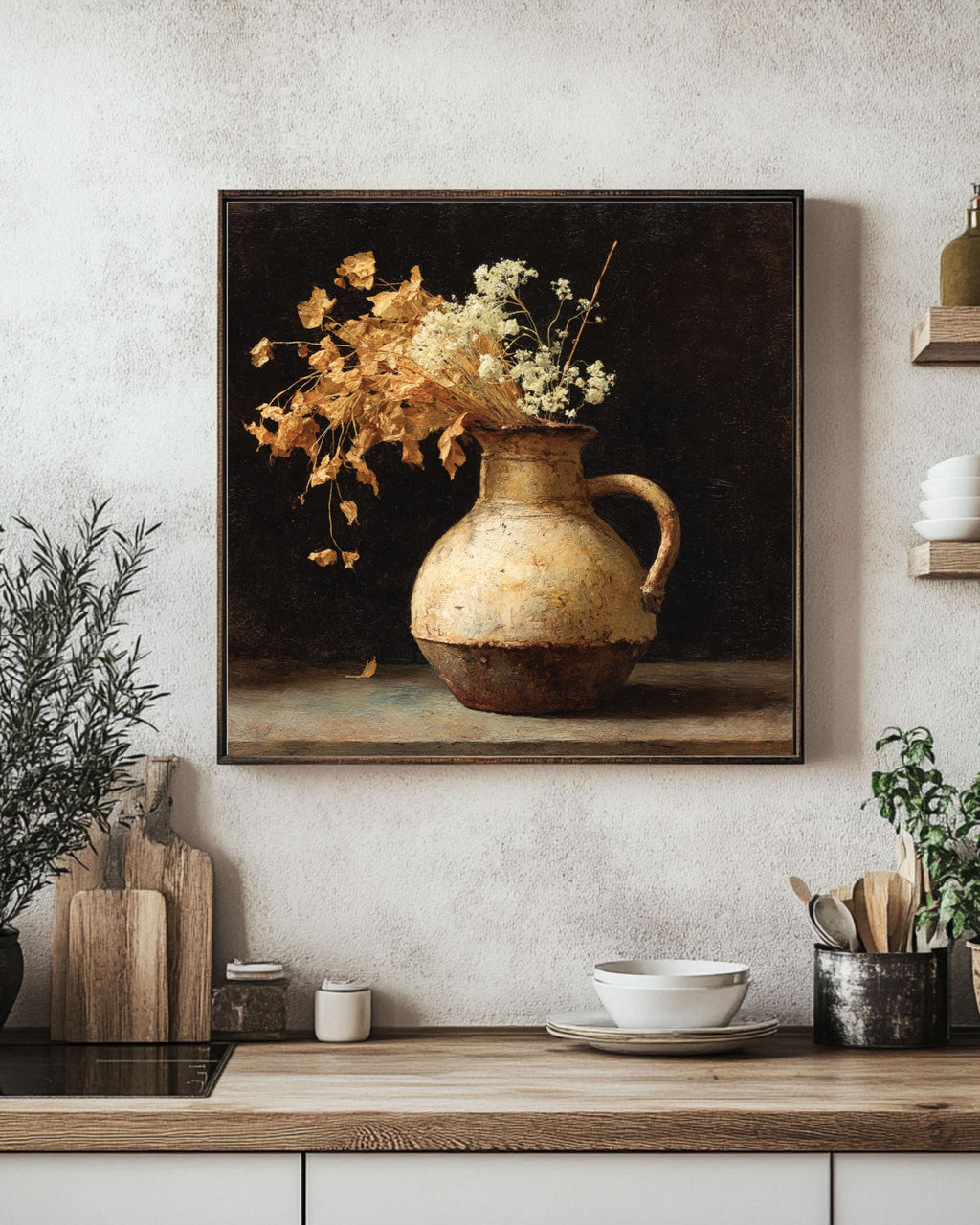 Dark Academia Still Life: Vintage Floral Jug, Framed Canvas Art