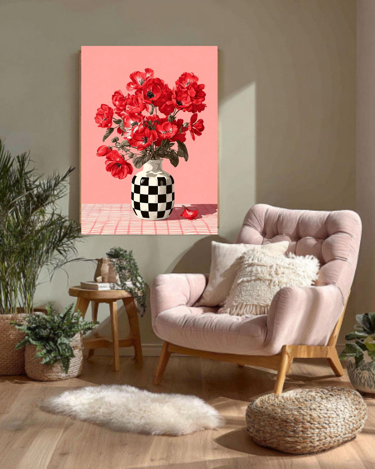 Red Flower Canvas Print: Checkerboard Vase - Modern Pop Art