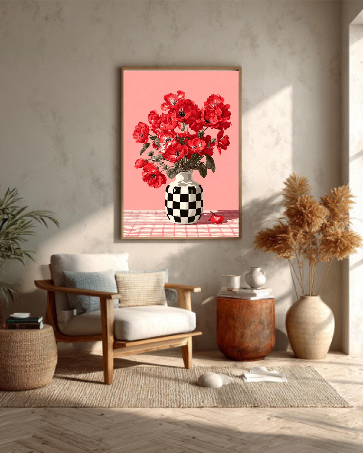 Red Flower Canvas Print: Checkerboard Vase - Modern Pop Art