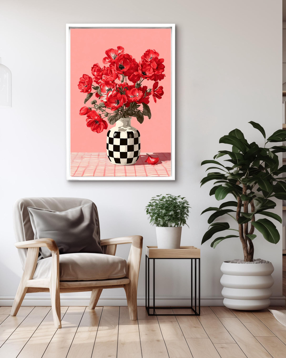 Red Flower Canvas Print: Checkerboard Vase - Modern Pop Art
