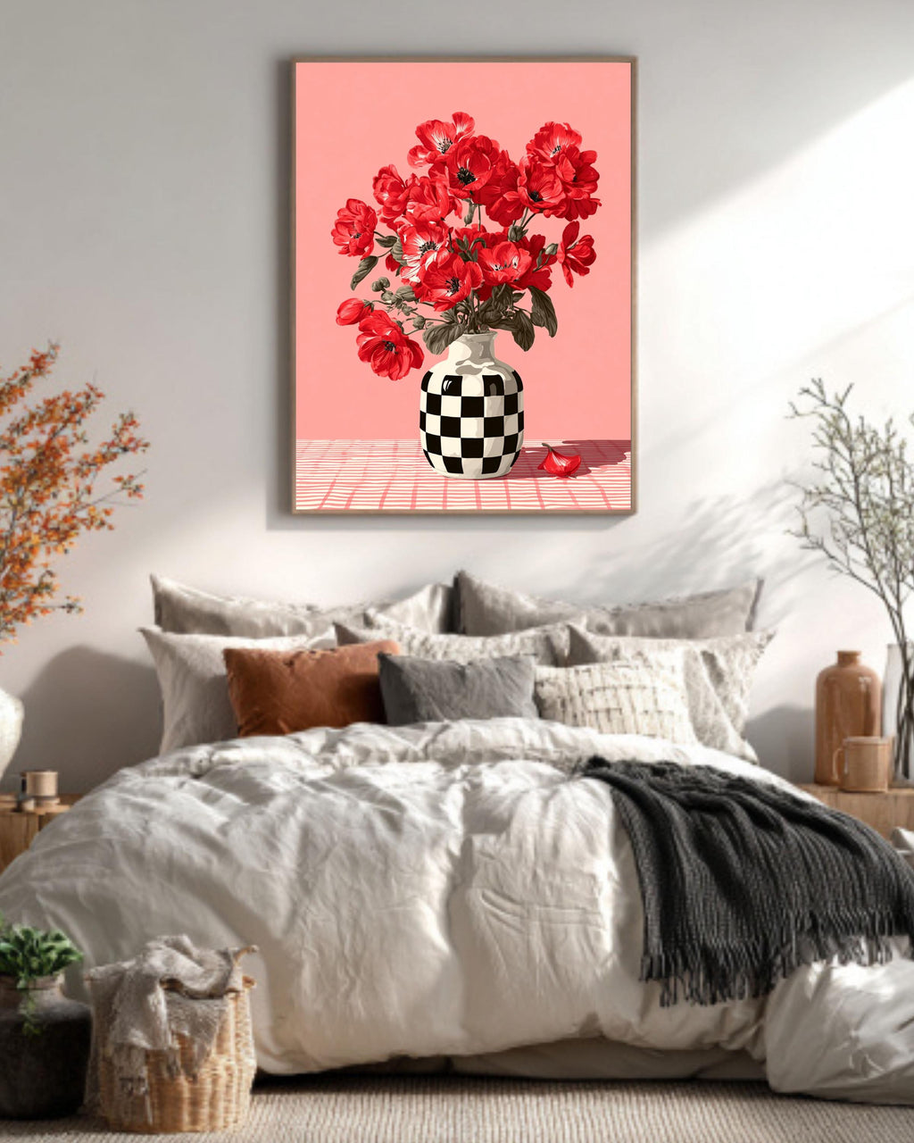 Red Flower Canvas Print: Checkerboard Vase - Modern Pop Art