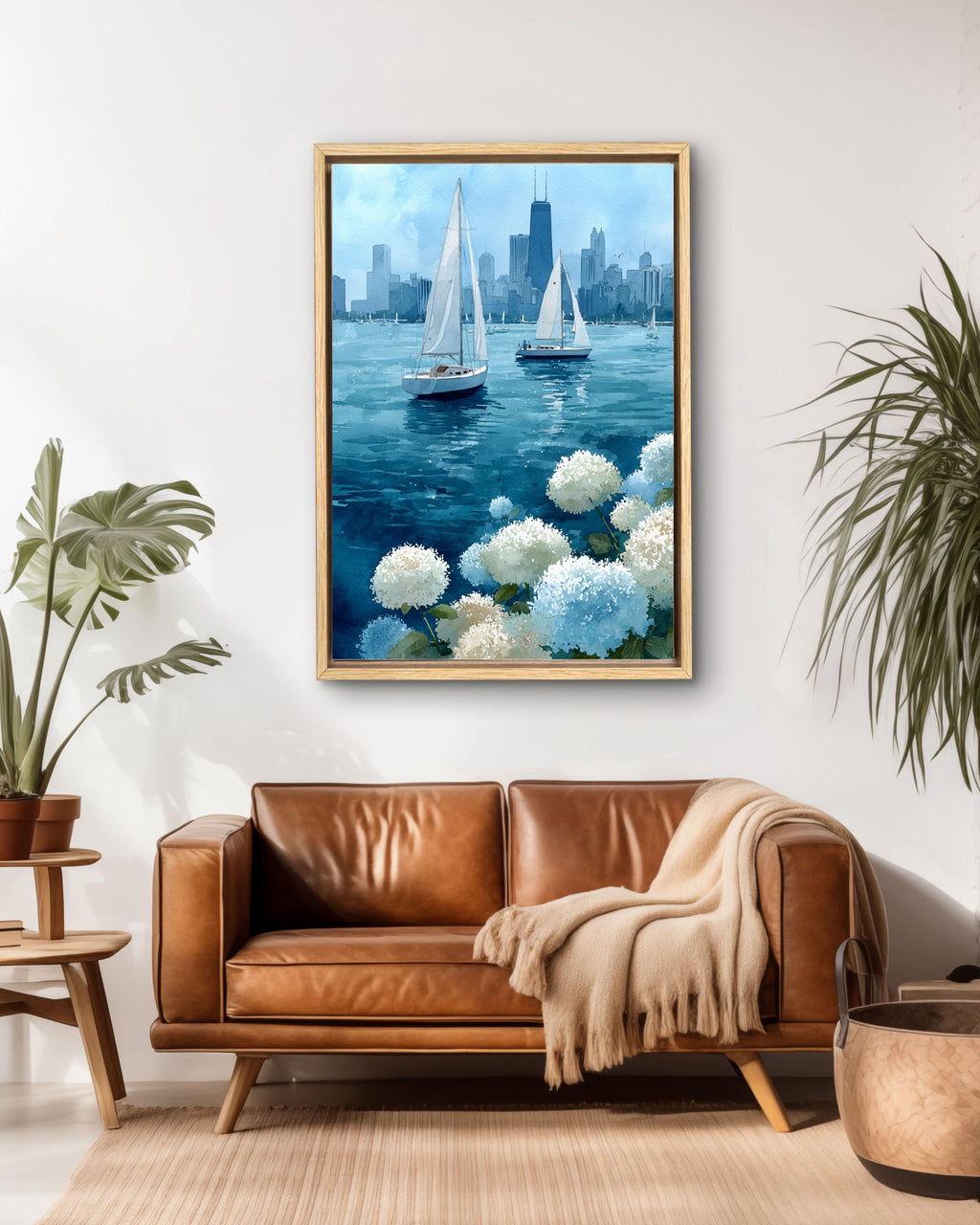 Chicago Sailboats Watercolor Canvas Print | Lake Michigan Cityscape Art | Blue Hydrangea Nautical Wall Decor