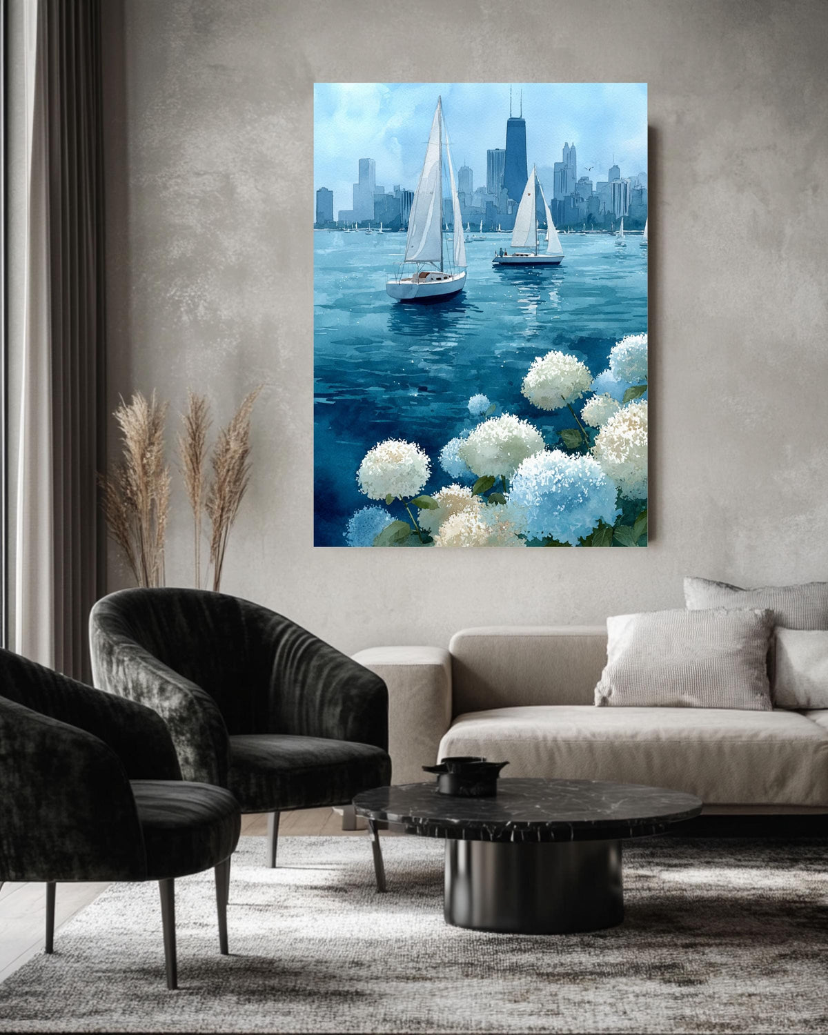 Chicago Sailboats Watercolor Canvas Print | Lake Michigan Cityscape Art | Blue Hydrangea Nautical Wall Decor