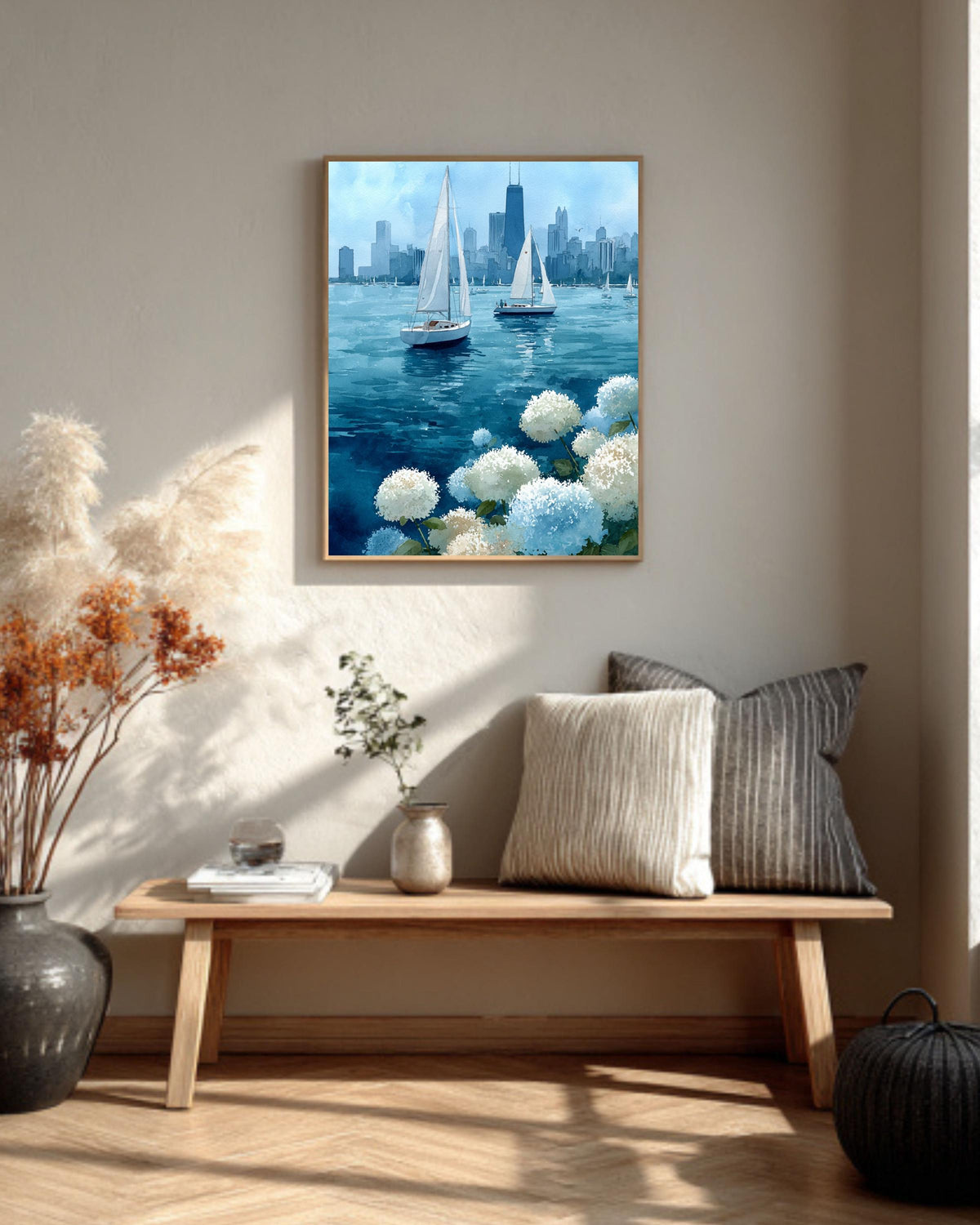 Chicago Sailboats Watercolor Canvas Print | Lake Michigan Cityscape Art | Blue Hydrangea Nautical Wall Decor
