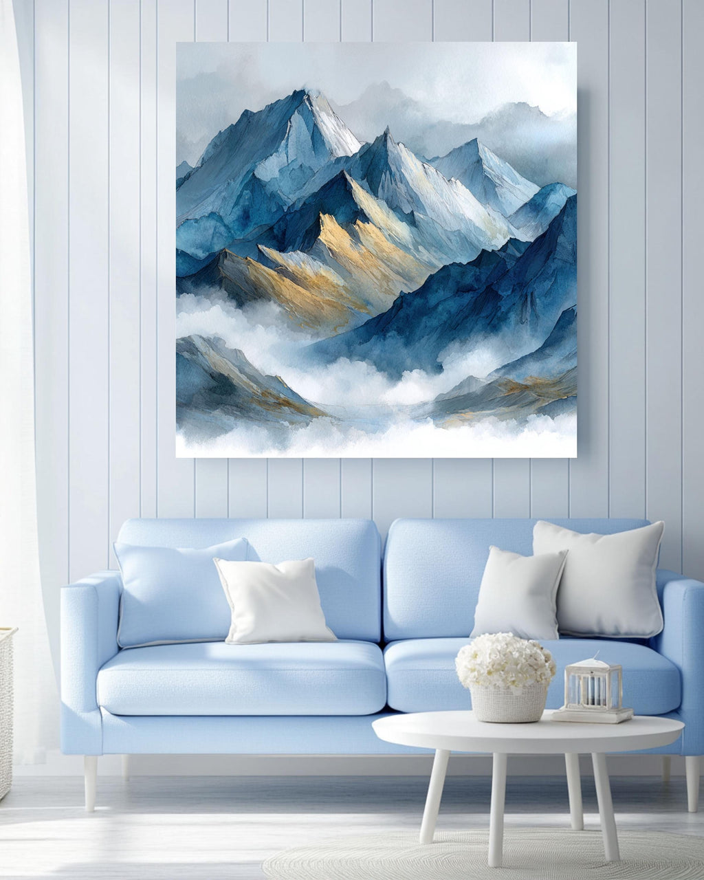 Abstract Blue Watercolor Mountain Canvas, Misty Landscape Art
