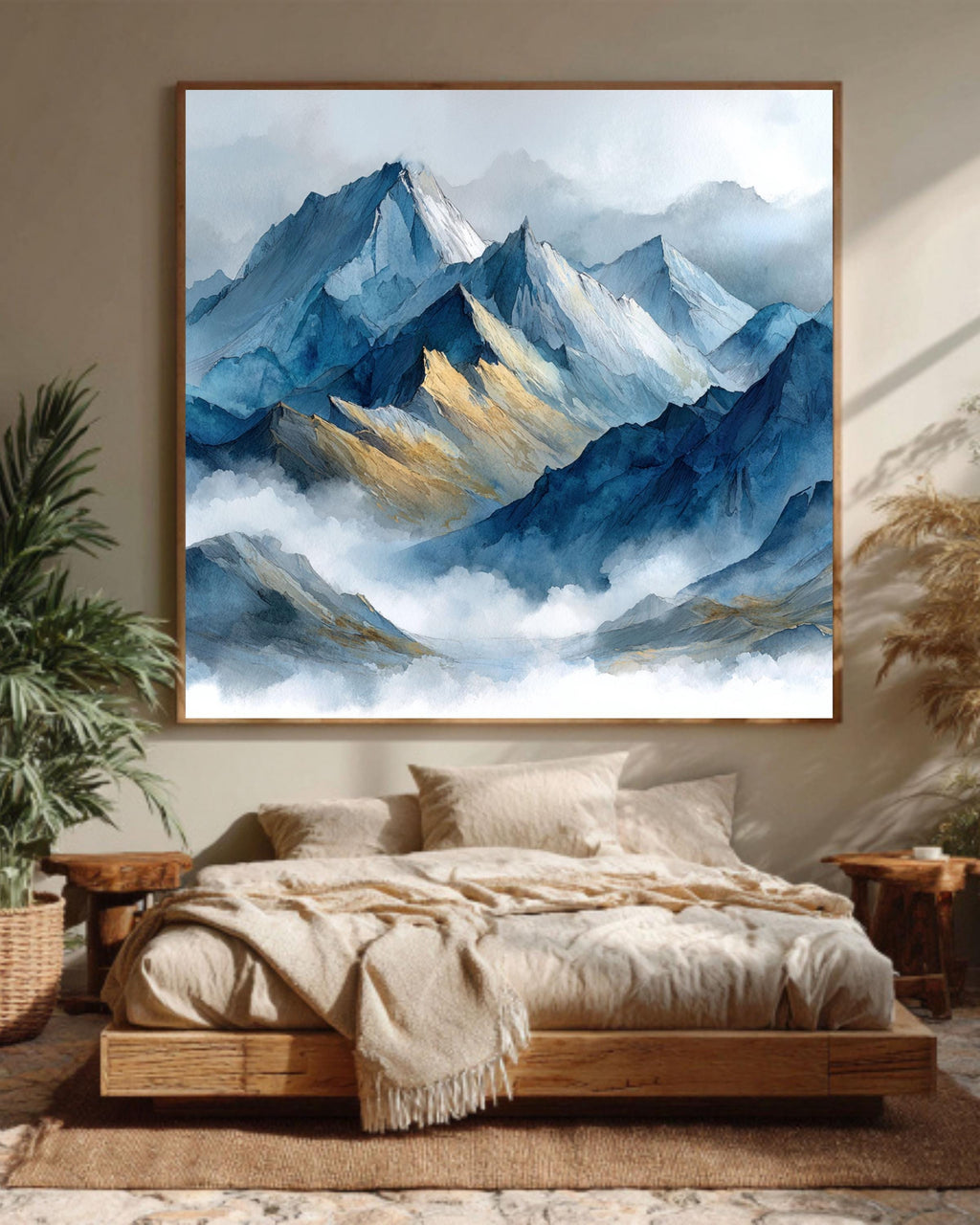 Abstract Blue Watercolor Mountain Canvas, Misty Landscape Art