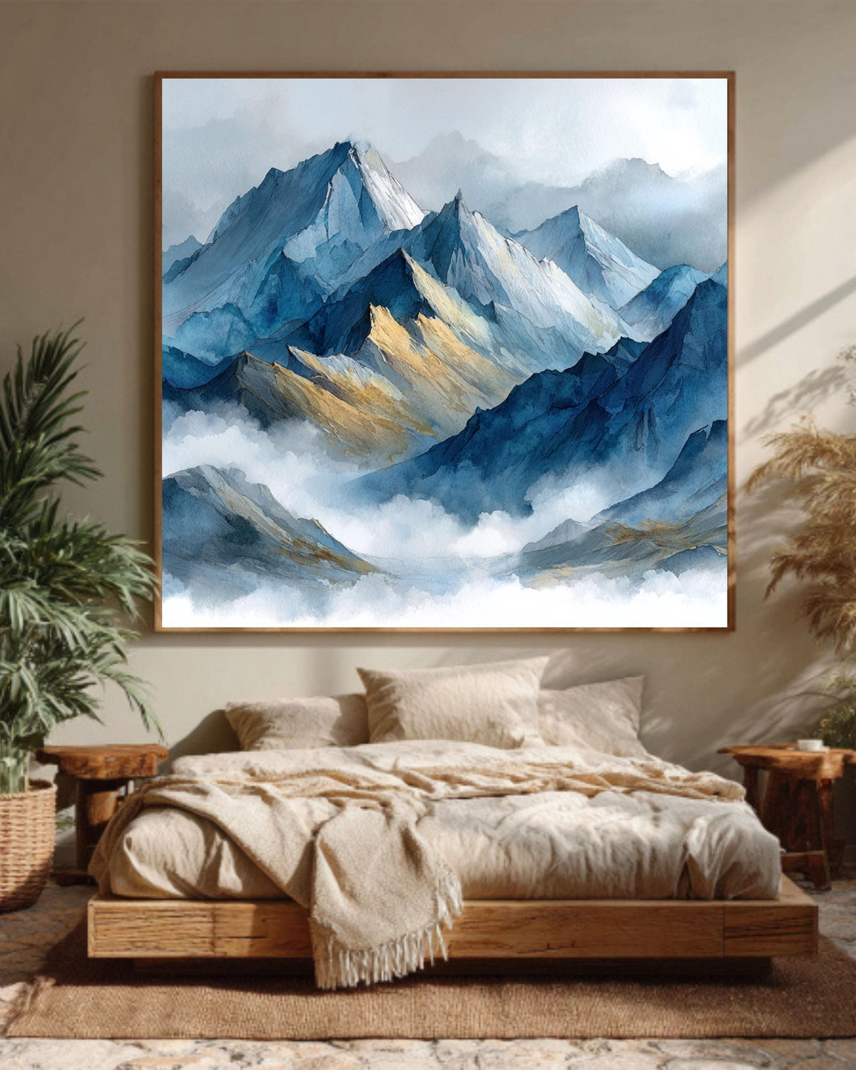 Abstract Blue Watercolor Mountain Canvas, Misty Landscape Art