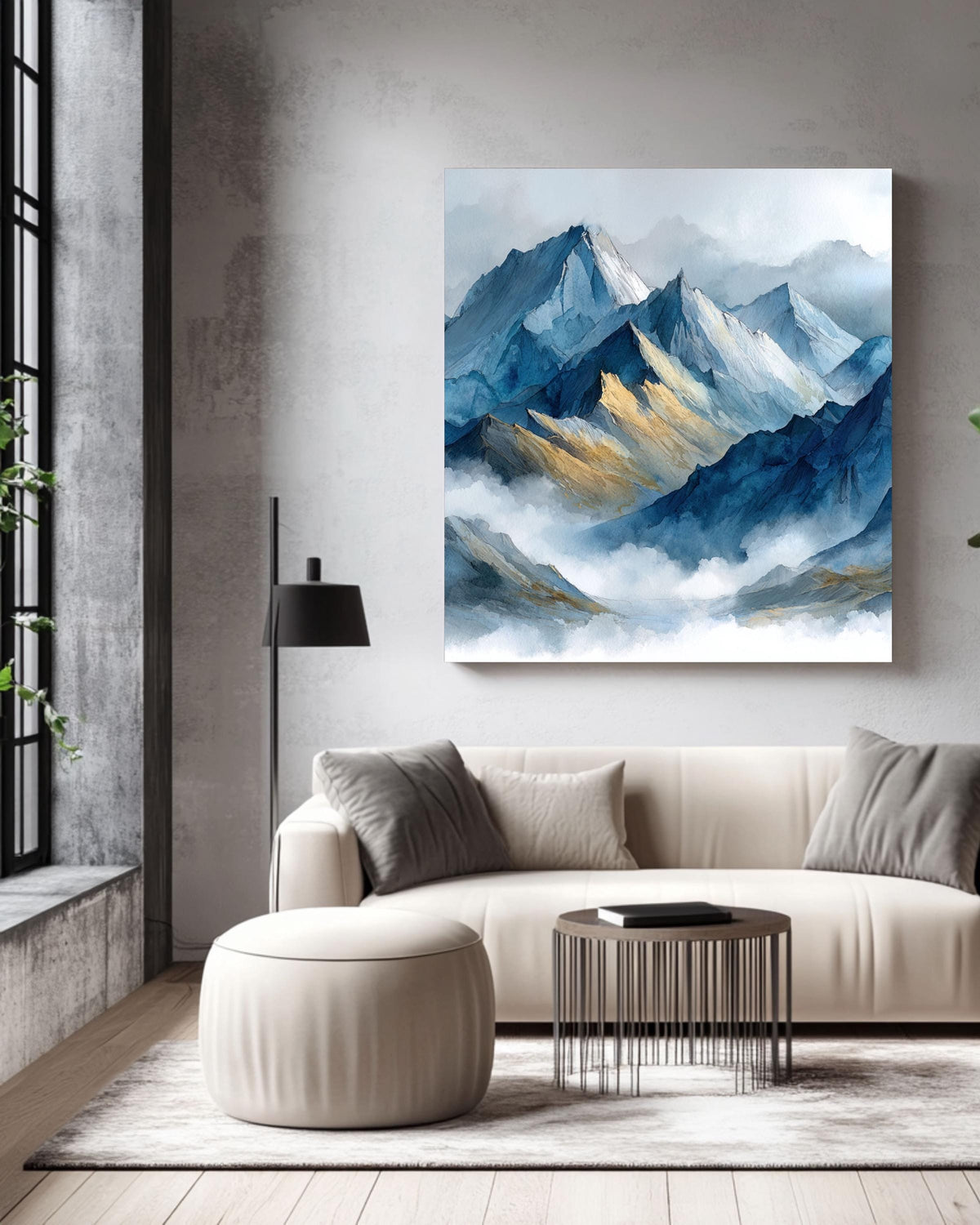 Abstract Blue Watercolor Mountain Canvas, Misty Landscape Art