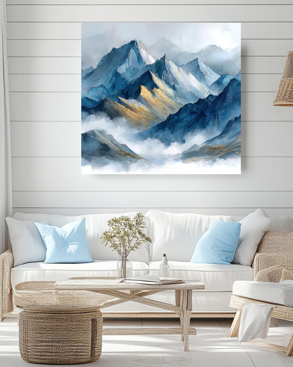Abstract Blue Watercolor Mountain Canvas, Misty Landscape Art