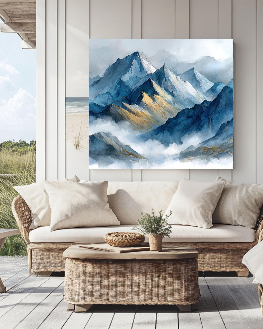 Abstract Blue Watercolor Mountain Canvas, Misty Landscape Art