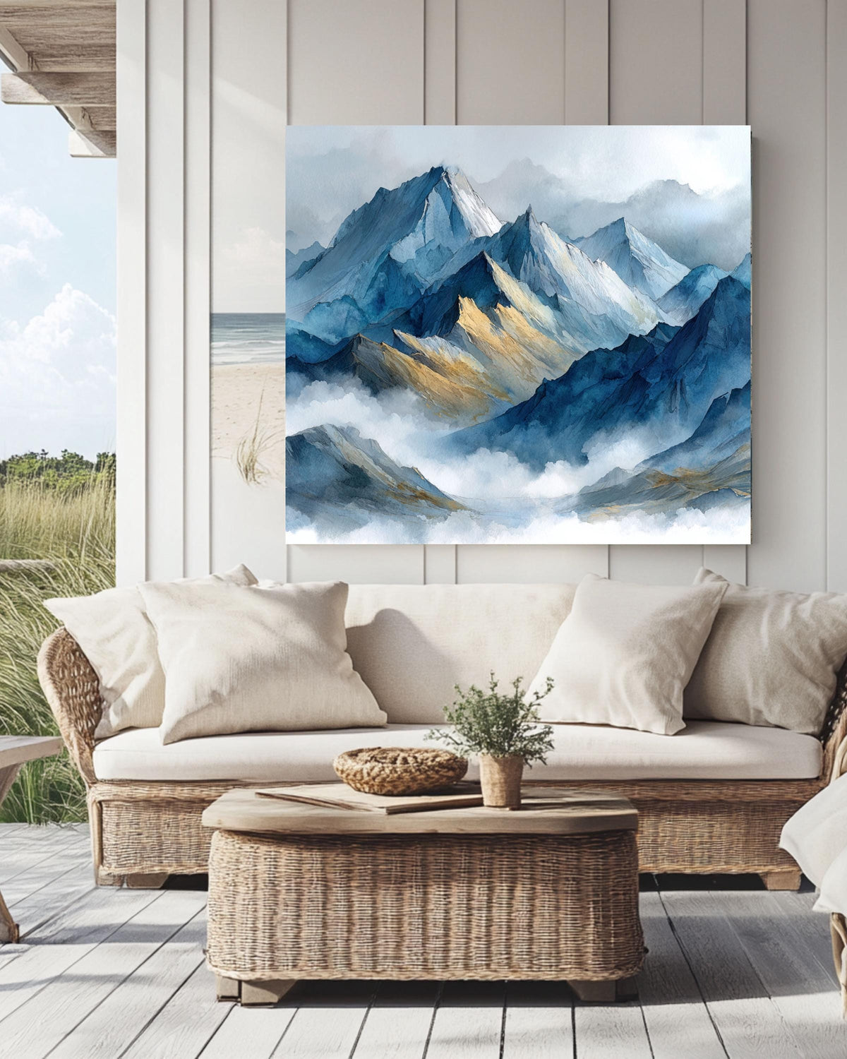 Abstract Blue Watercolor Mountain Canvas, Misty Landscape Art