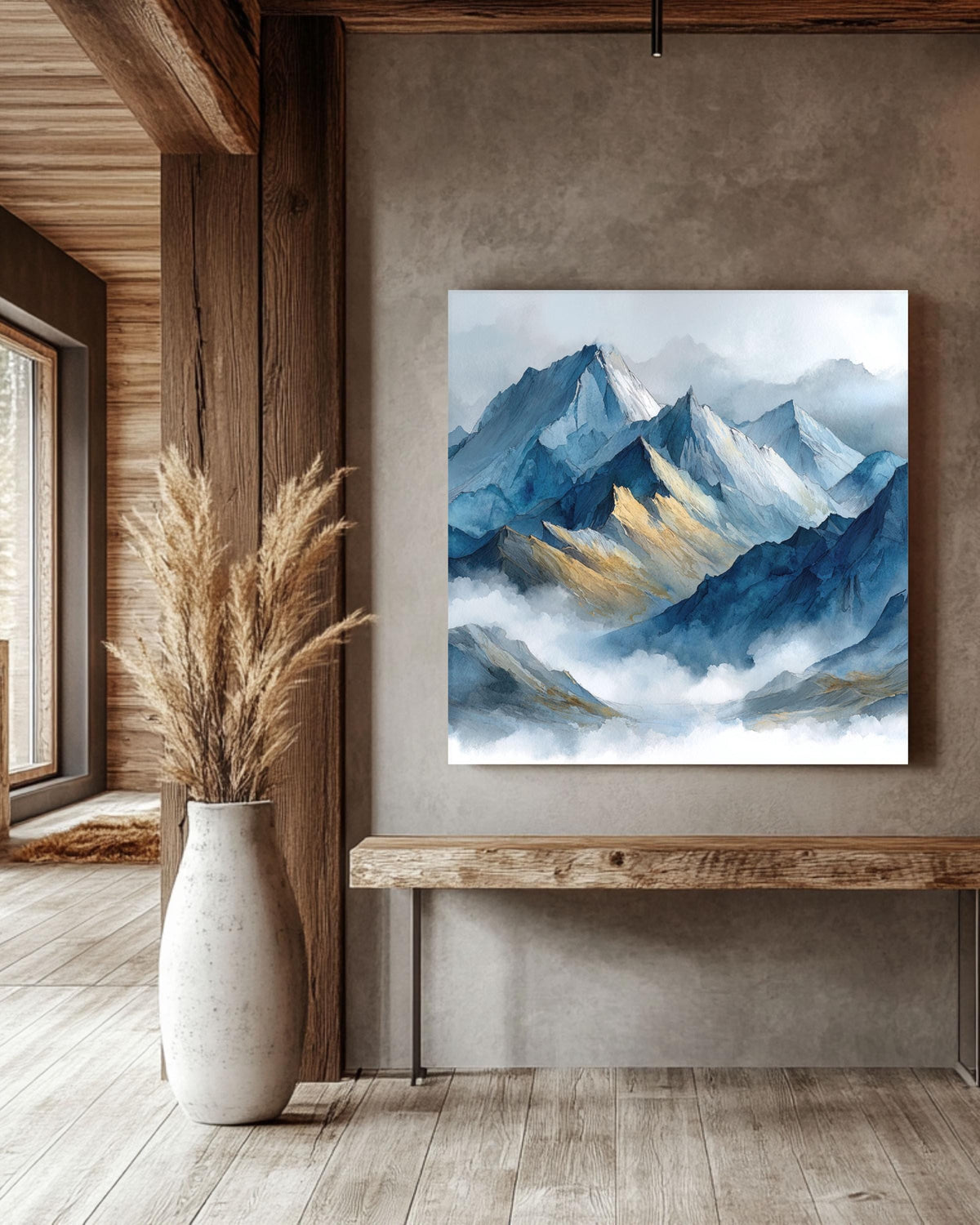 Abstract Blue Watercolor Mountain Canvas, Misty Landscape Art