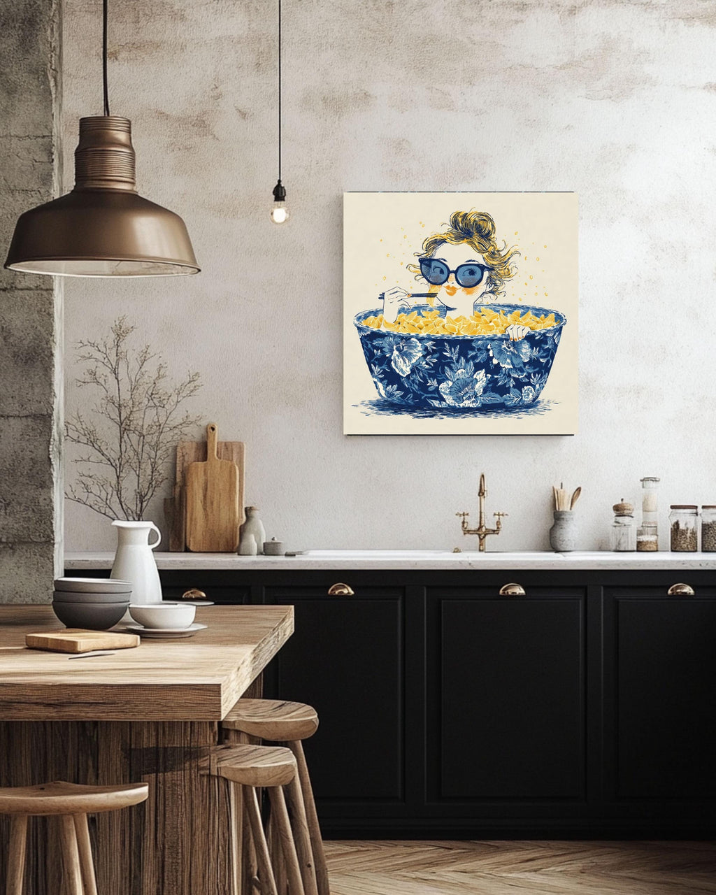 Whimsical Ramen Canvas Art Print, Girl in Chinoiserie Bowl