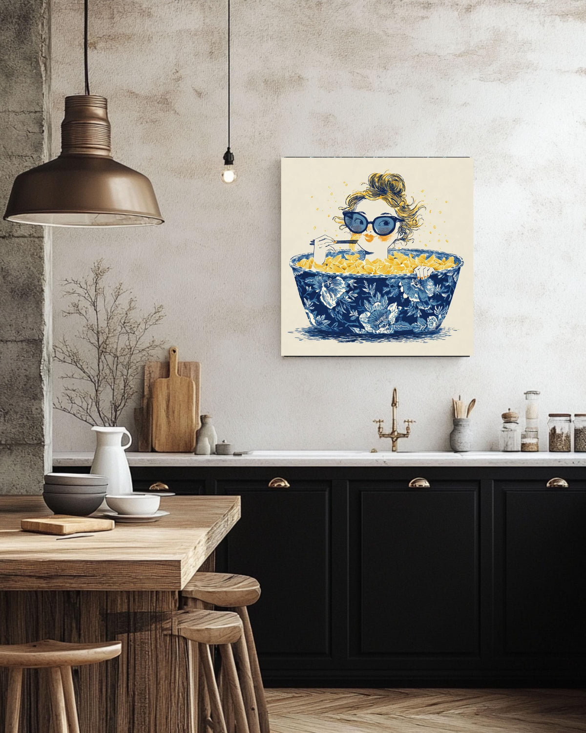 Whimsical Ramen Canvas Art Print, Girl in Chinoiserie Bowl