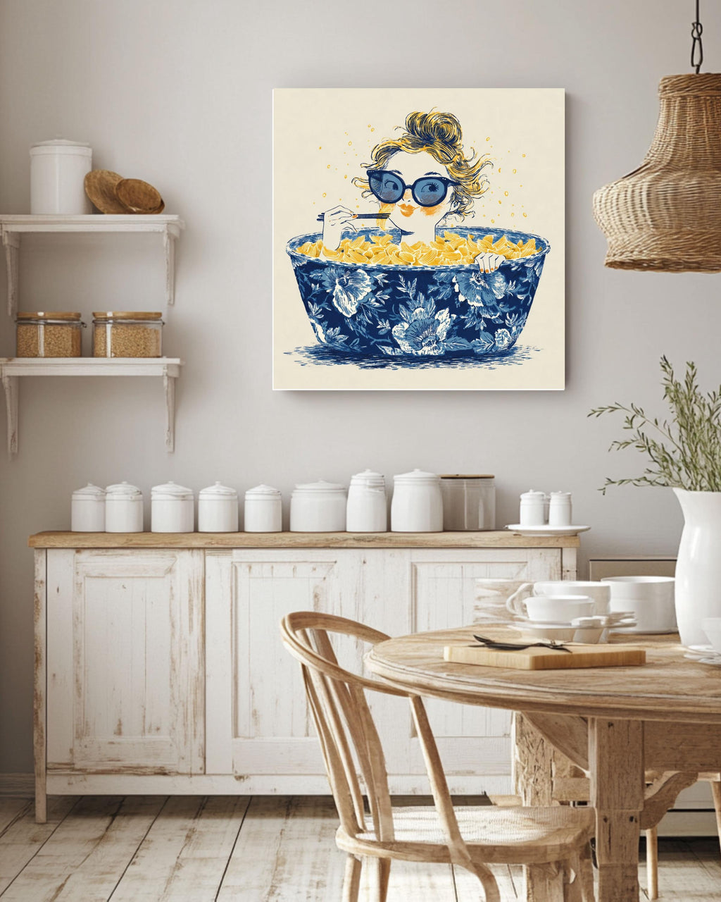 Whimsical Ramen Canvas Art Print, Girl in Chinoiserie Bowl