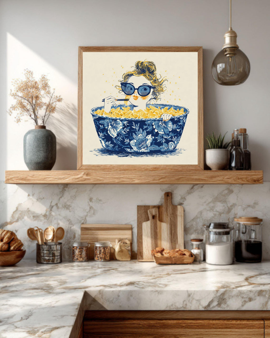 Whimsical Ramen Canvas Art Print, Girl in Chinoiserie Bowl