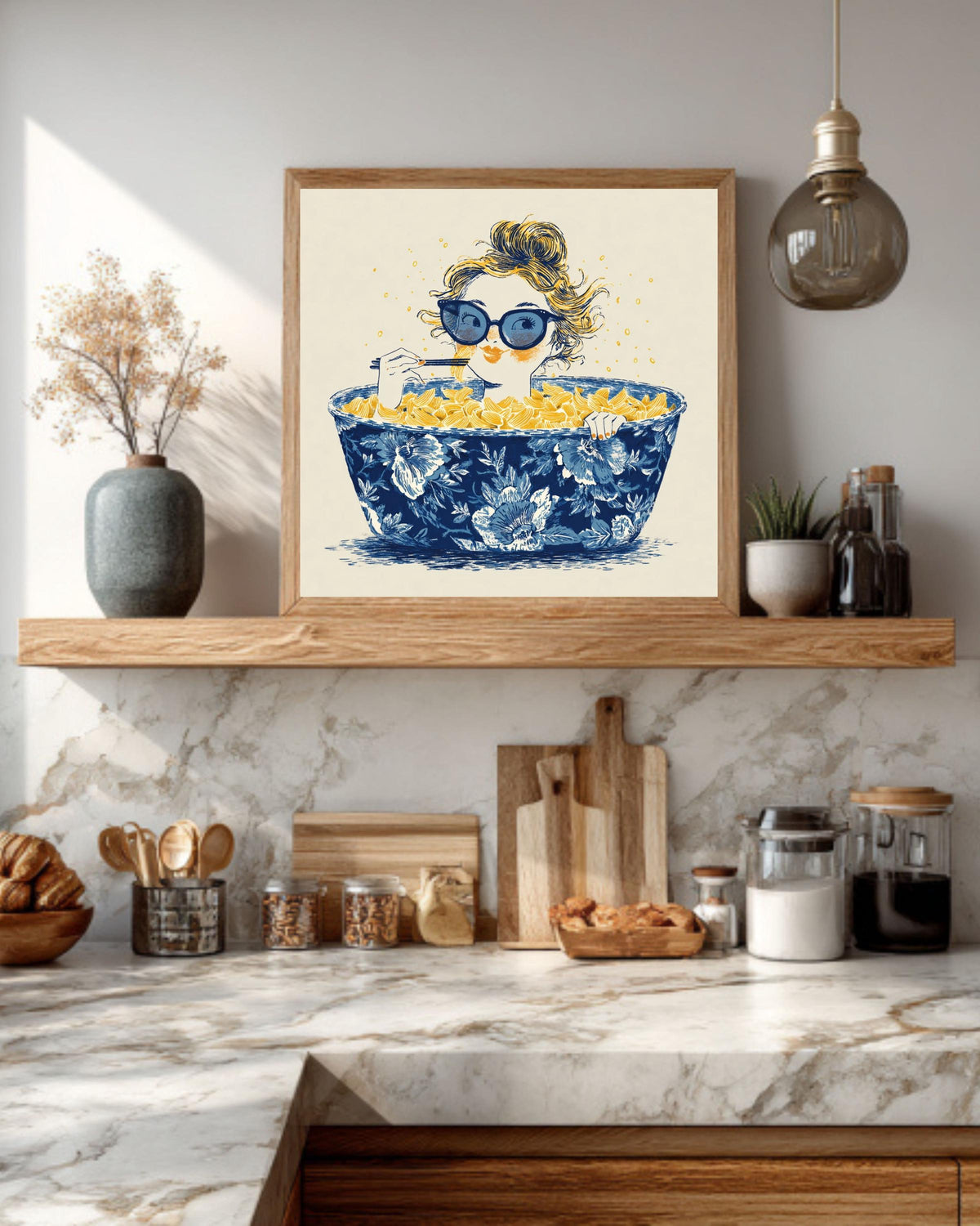 Whimsical Ramen Canvas Art Print, Girl in Chinoiserie Bowl