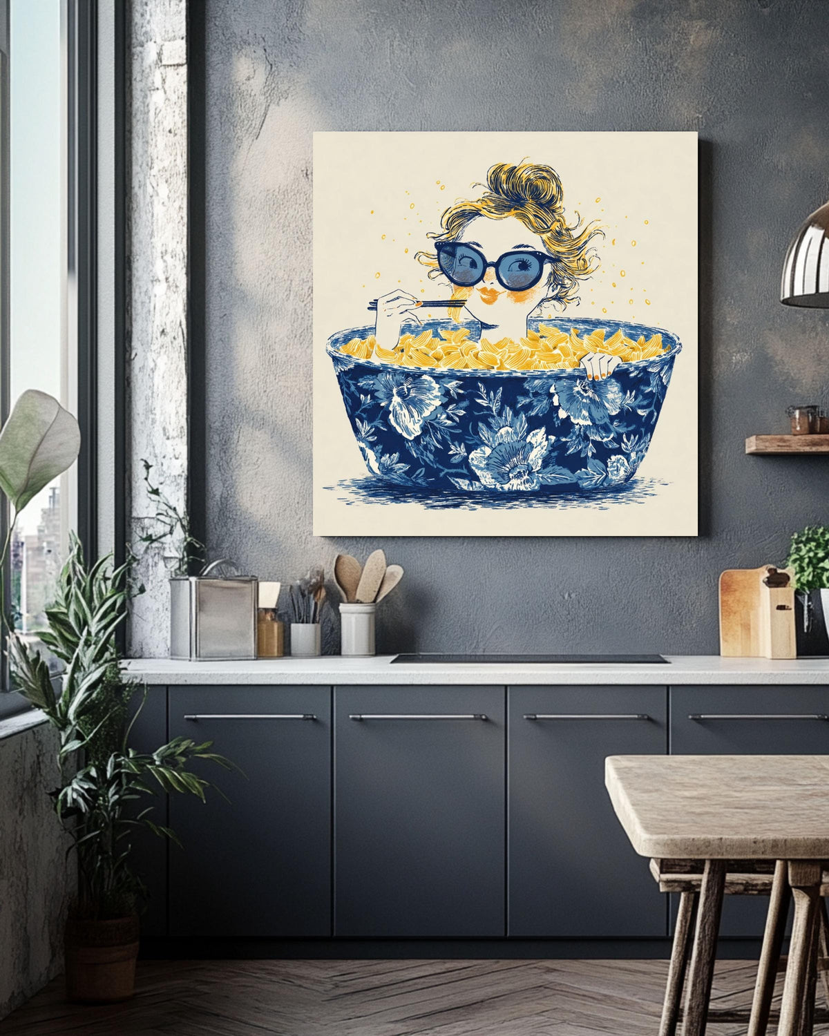 Whimsical Ramen Canvas Art Print, Girl in Chinoiserie Bowl