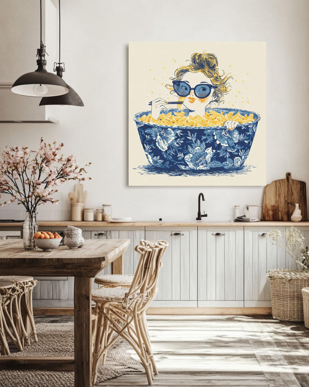 Whimsical Ramen Canvas Art Print, Girl in Chinoiserie Bowl