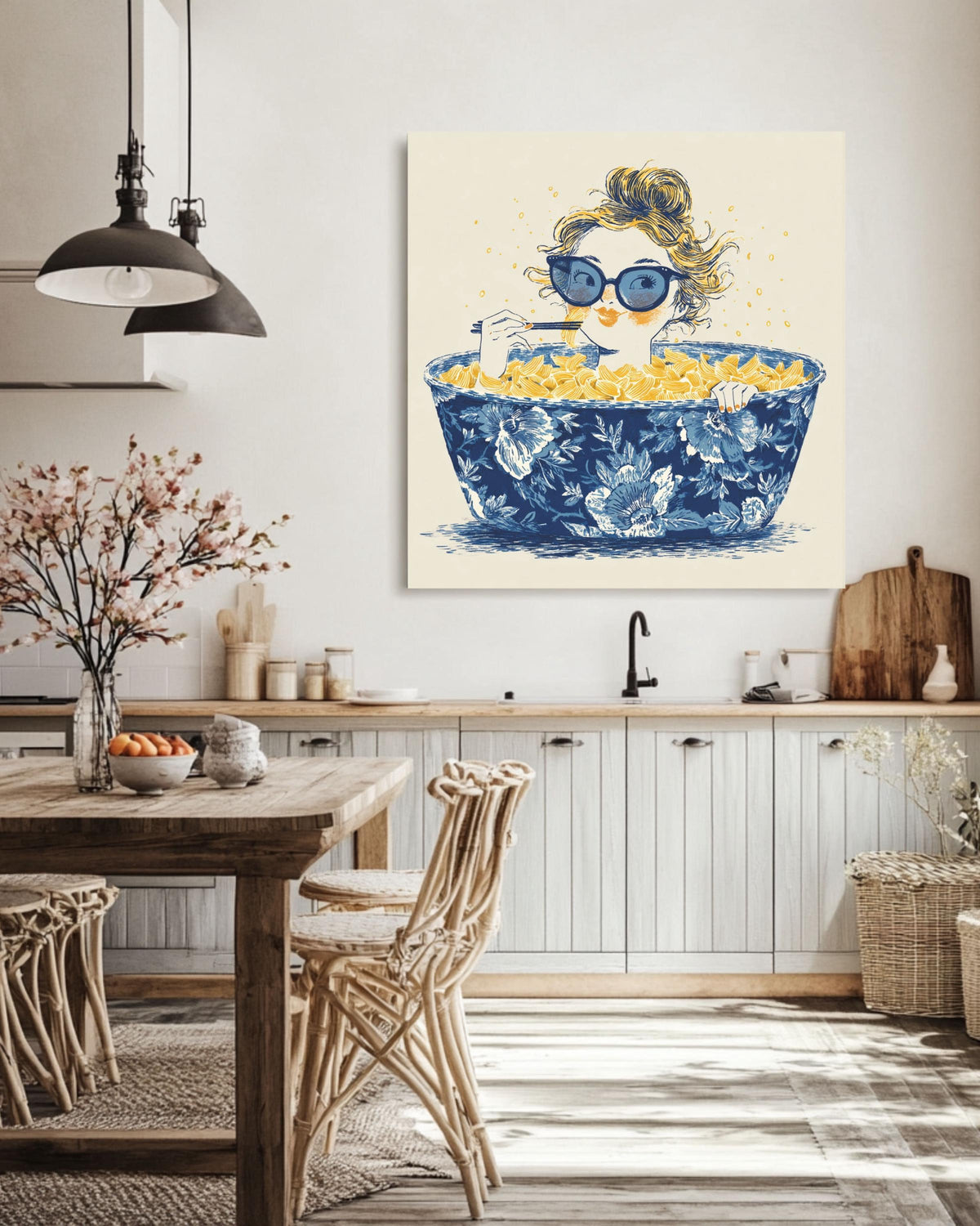 Whimsical Ramen Canvas Art Print, Girl in Chinoiserie Bowl
