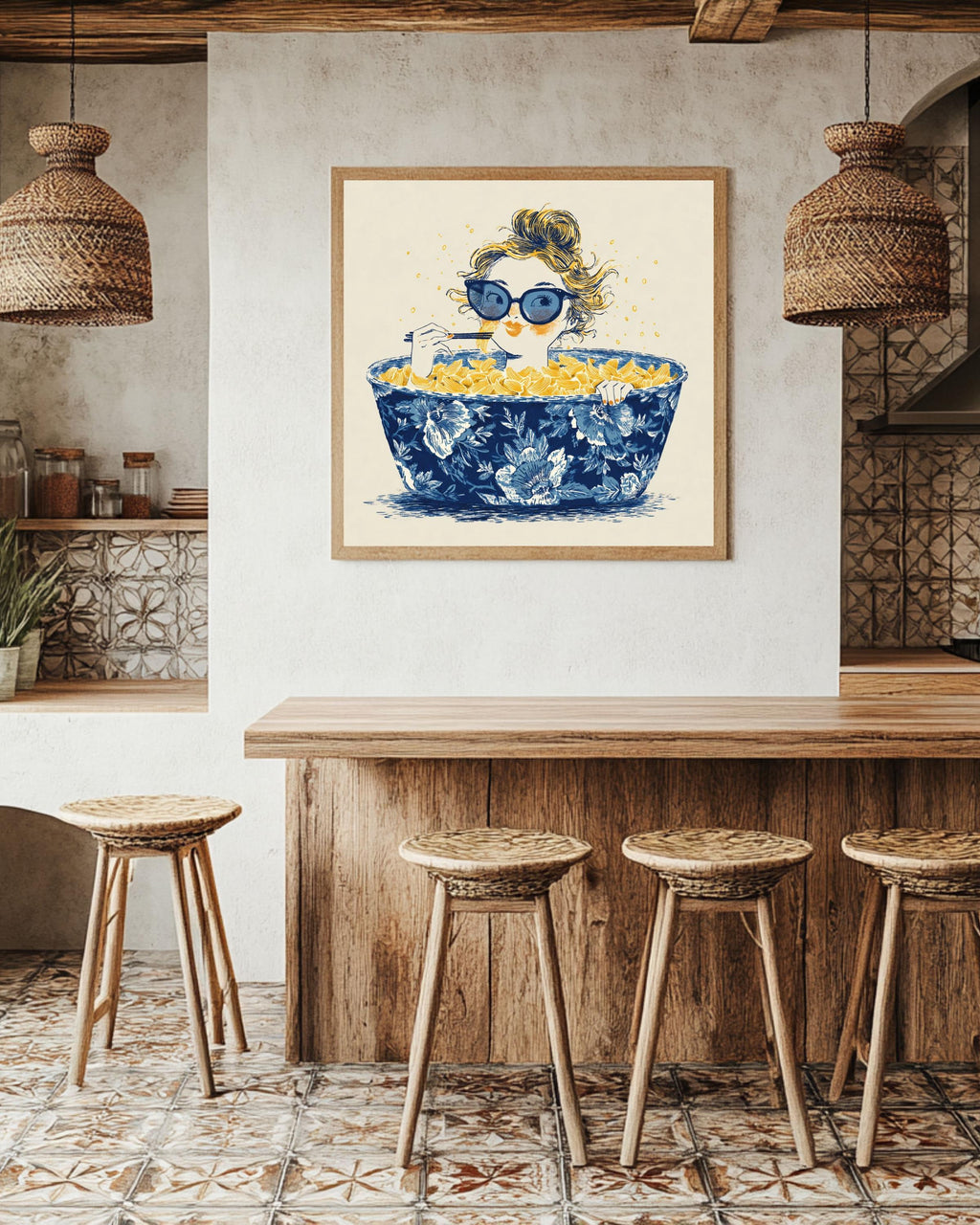 Whimsical Ramen Canvas Art Print, Girl in Chinoiserie Bowl