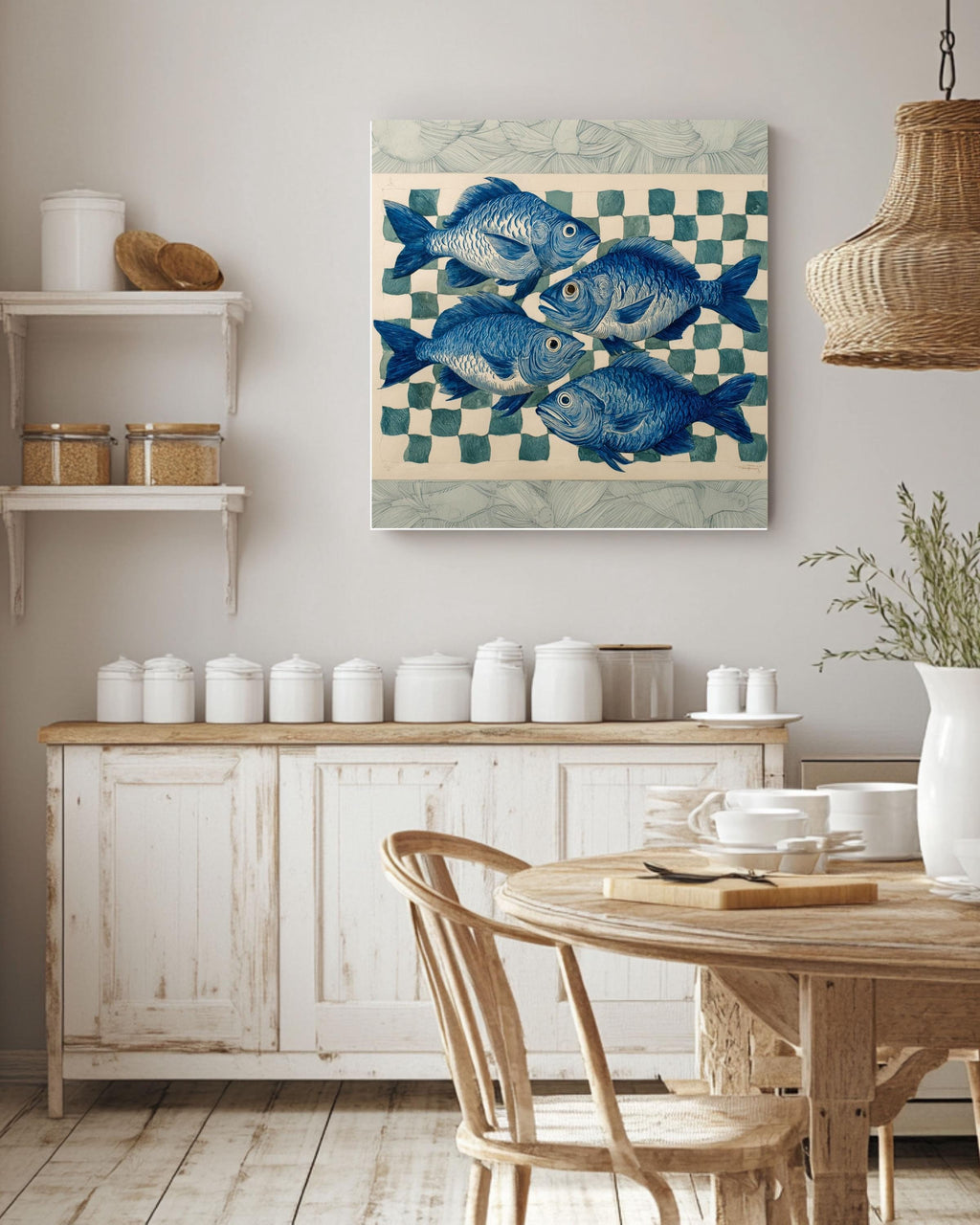 Blue Fish Print Art, Coastal Nautical Canvas Wall Decor