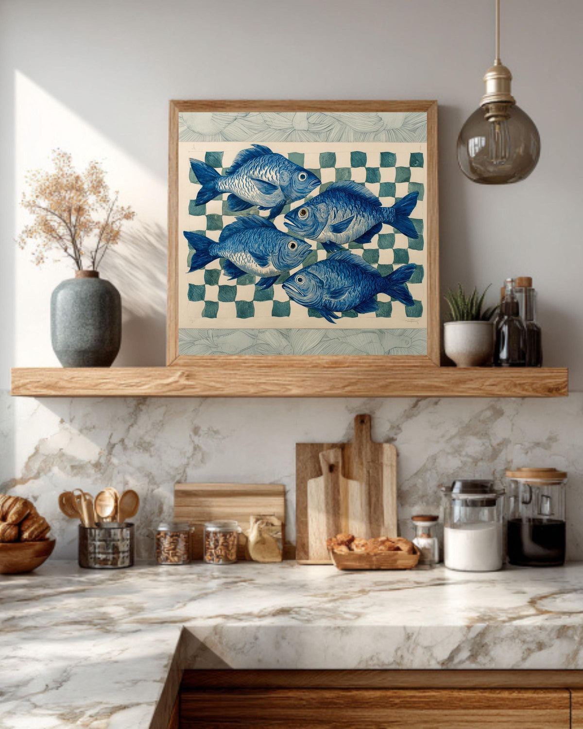 Blue Fish Print Art, Coastal Nautical Canvas Wall Decor