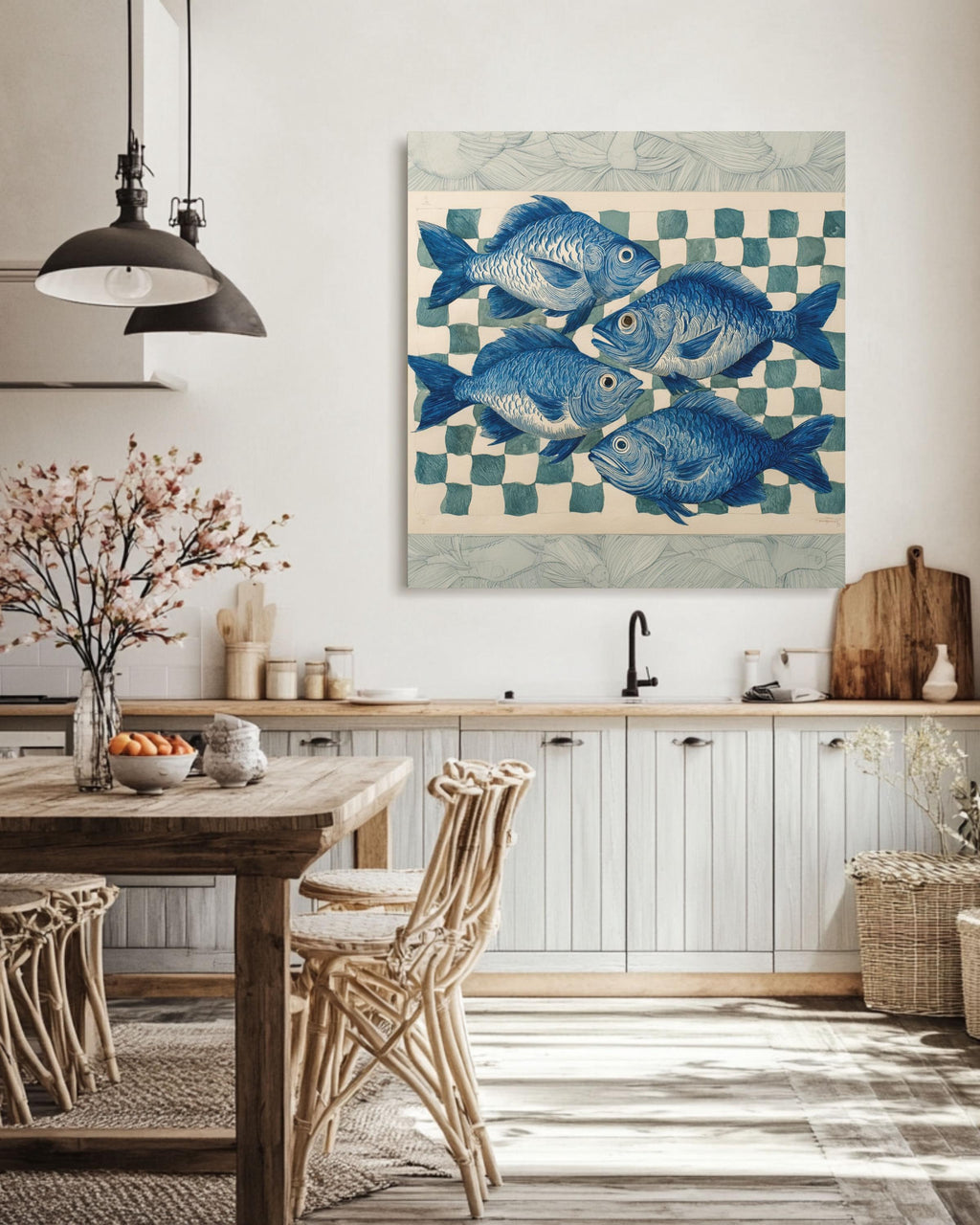 Blue Fish Print Art, Coastal Nautical Canvas Wall Decor